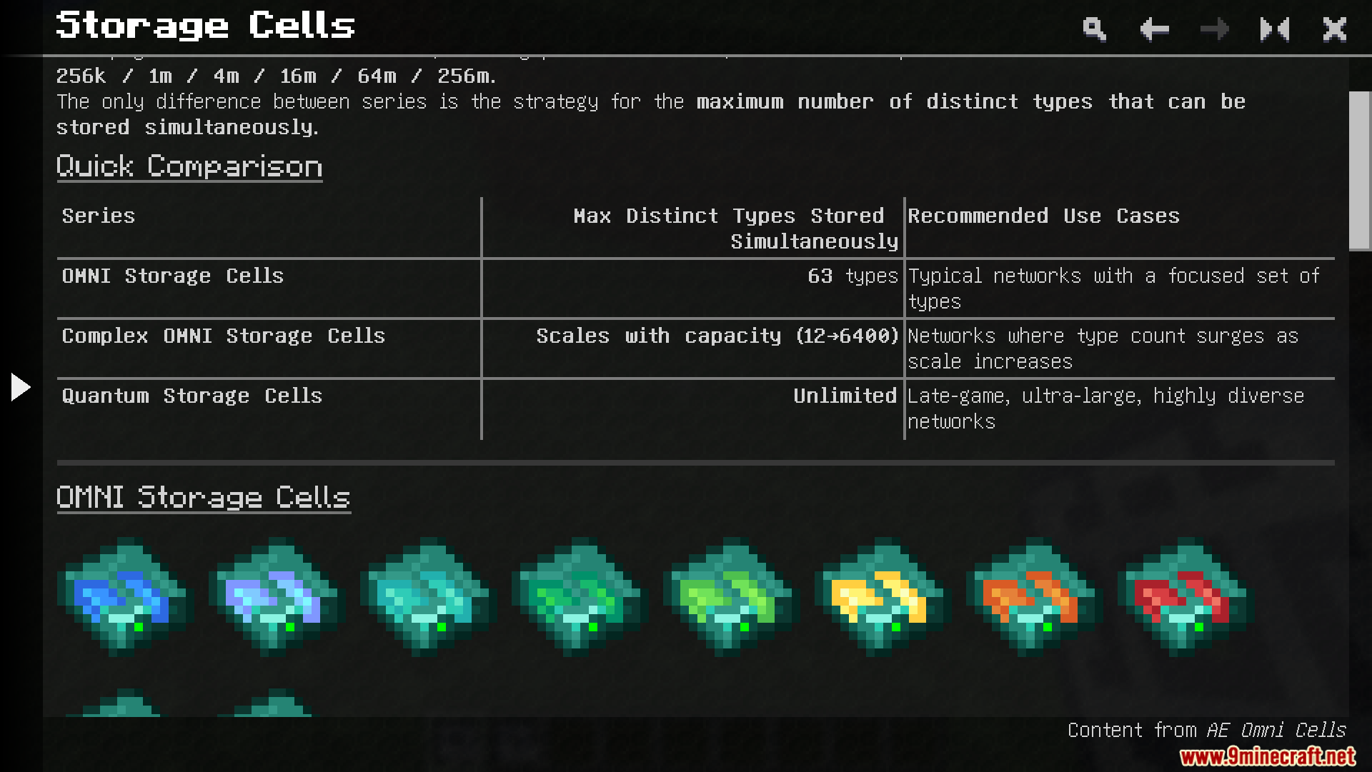 A guide menu comparing the capacity and types of different storage cells