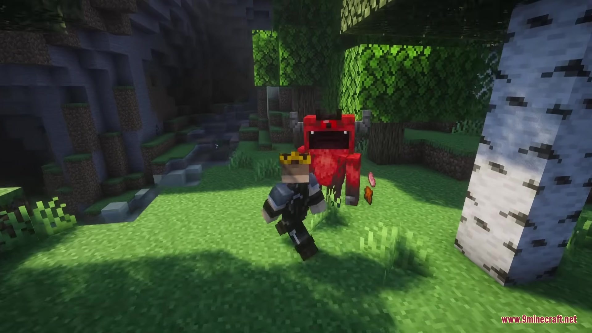 One Big Eye Mod Screenshot 1 A player wearing a crown runs away from a red Mylops monster