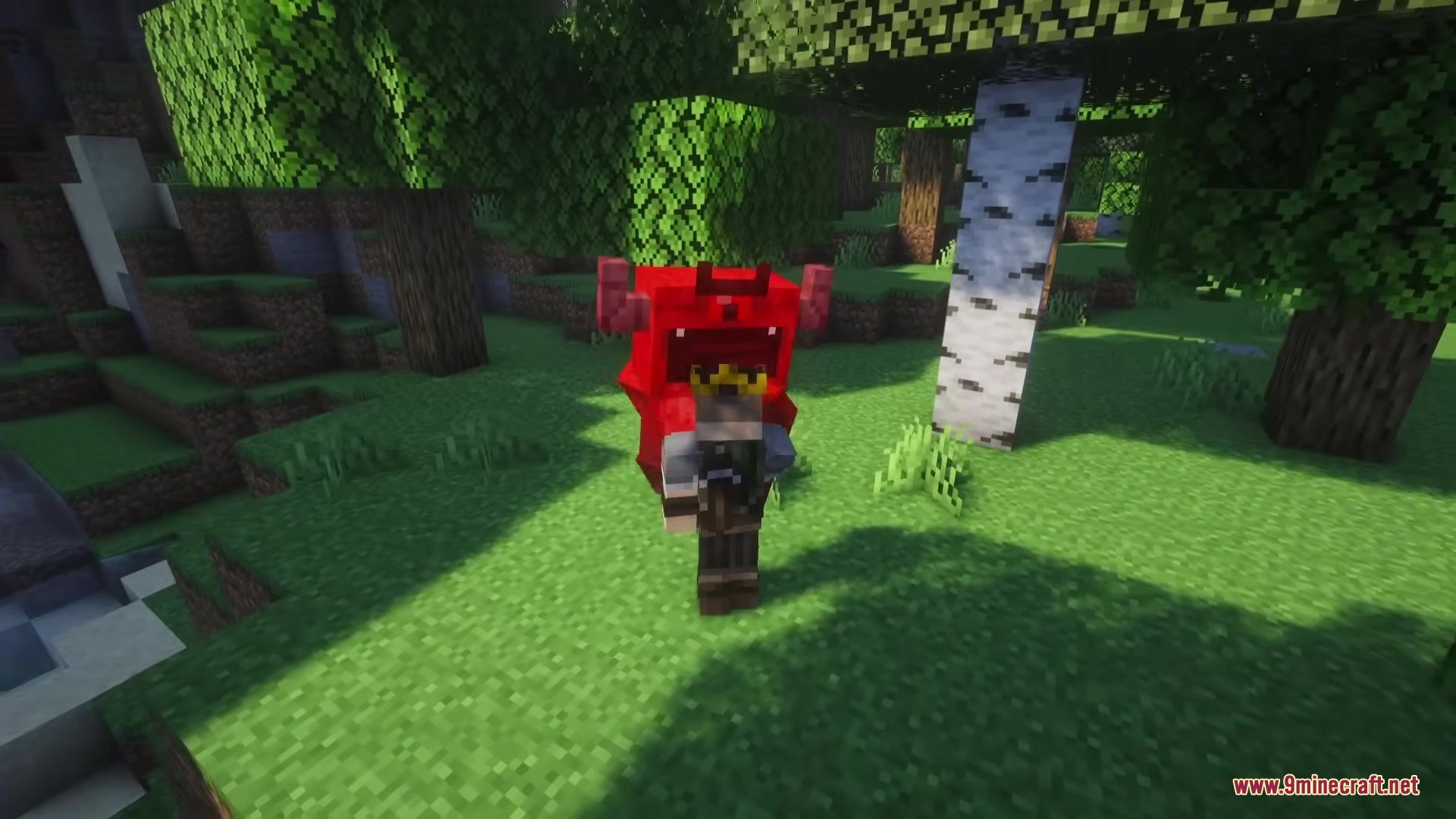 One Big Eye Mod Screenshot 2 A red Mylops monster stands behind a player in a birch forest