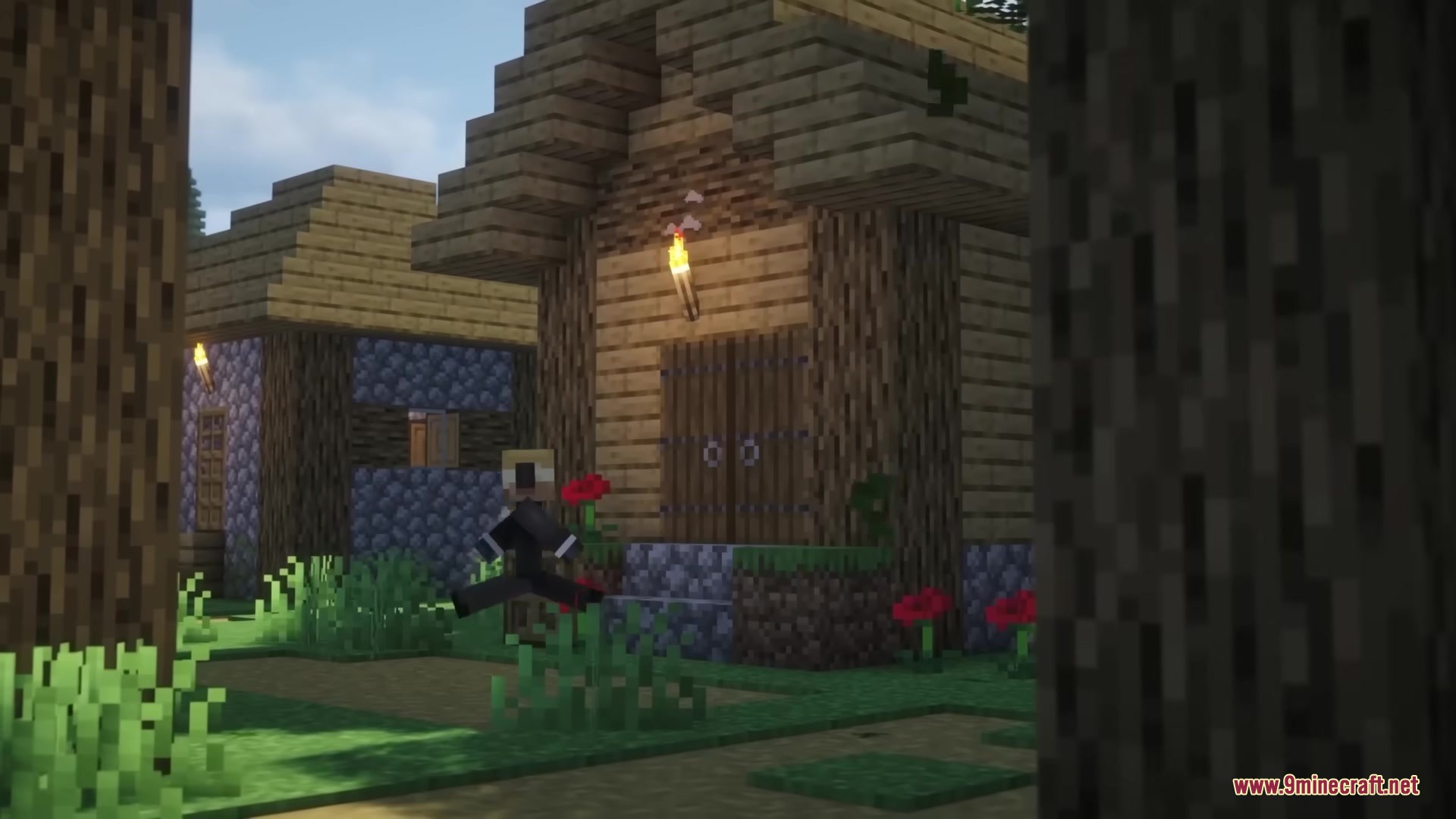 Open Together Mod Screenshot 1 A player in a black suit runs past a wooden village house