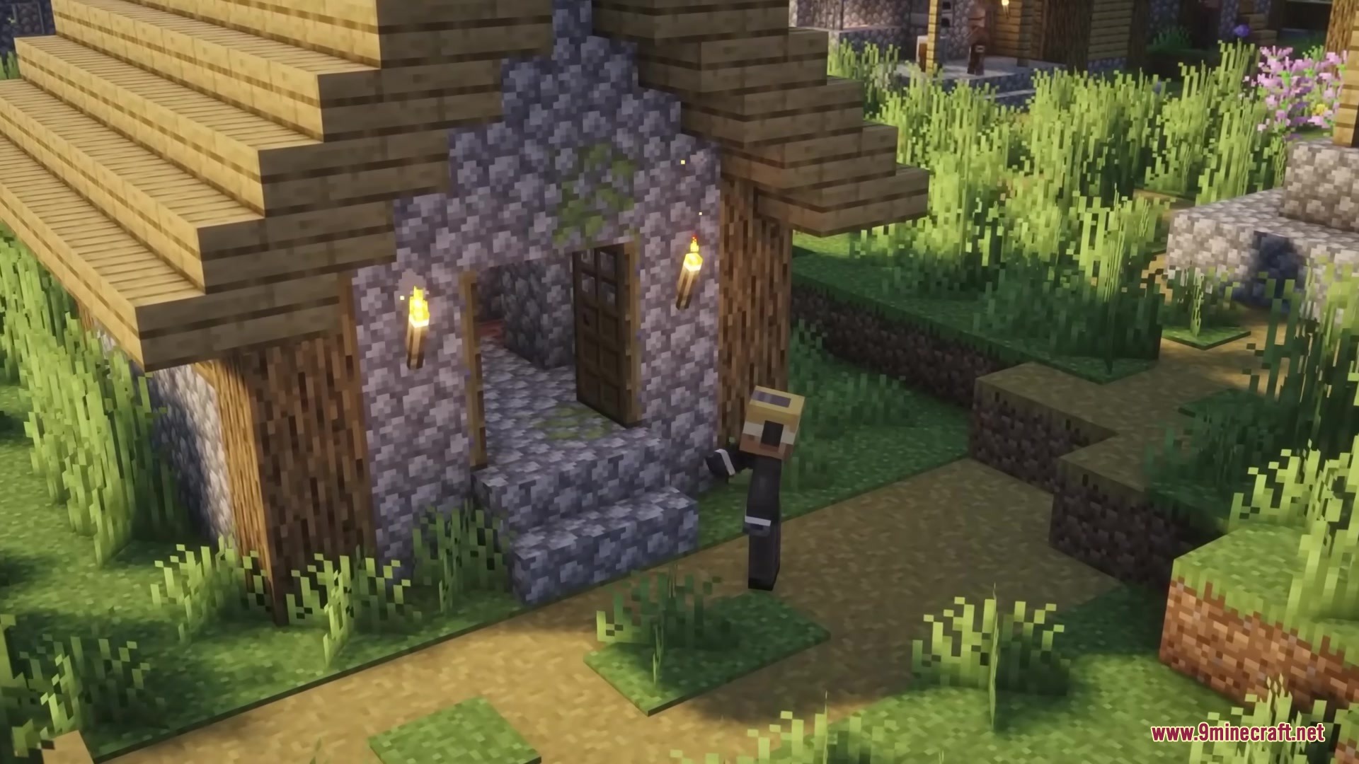 Open Together Mod Screenshot 2 A character stands in front of a cobblestone house with open double doors