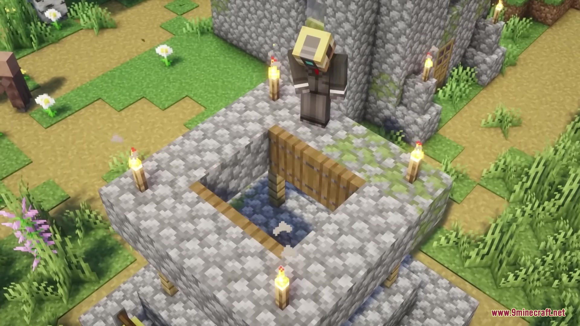 Open Together Mod Screenshot 3 Multiple wooden trapdoors opened together on top of a cobblestone village building