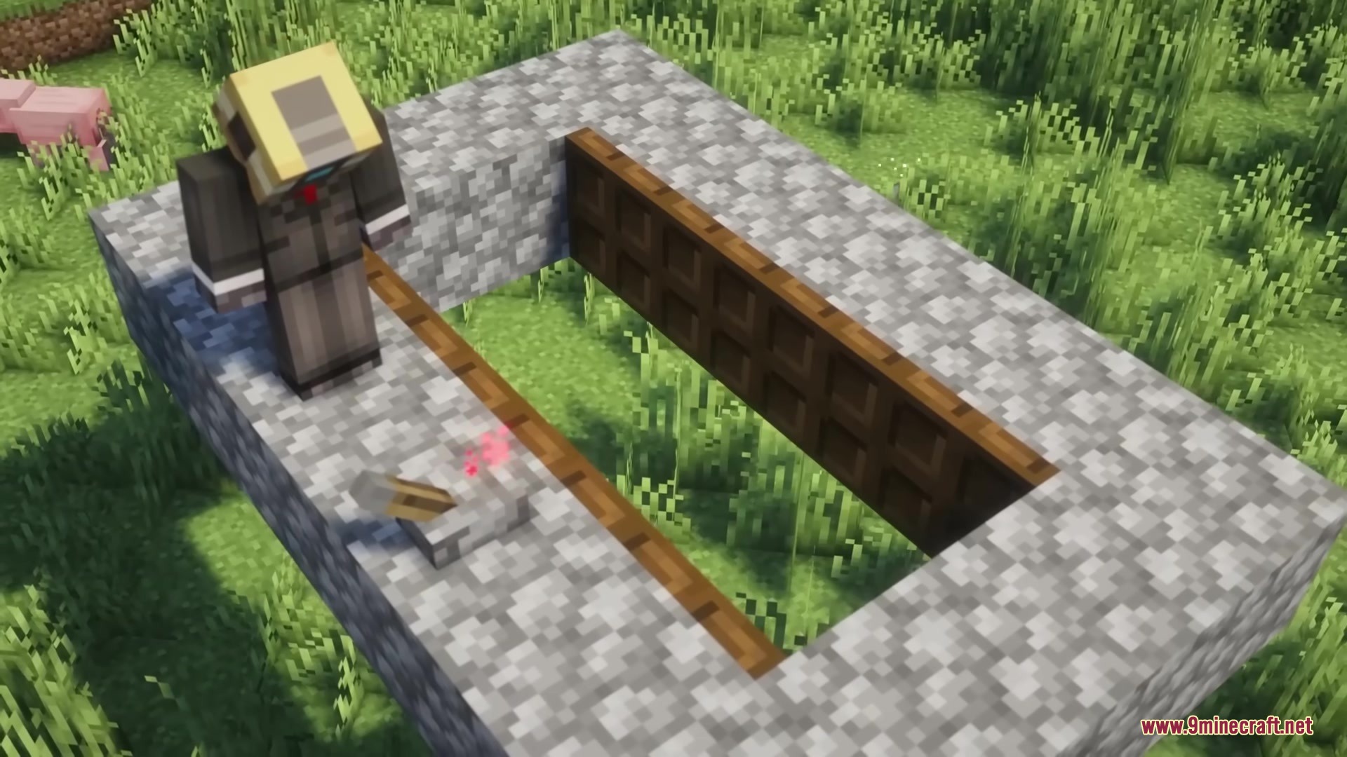 Open Together Mod Screenshot 4 A player using a lever to open a row of connected trapdoors