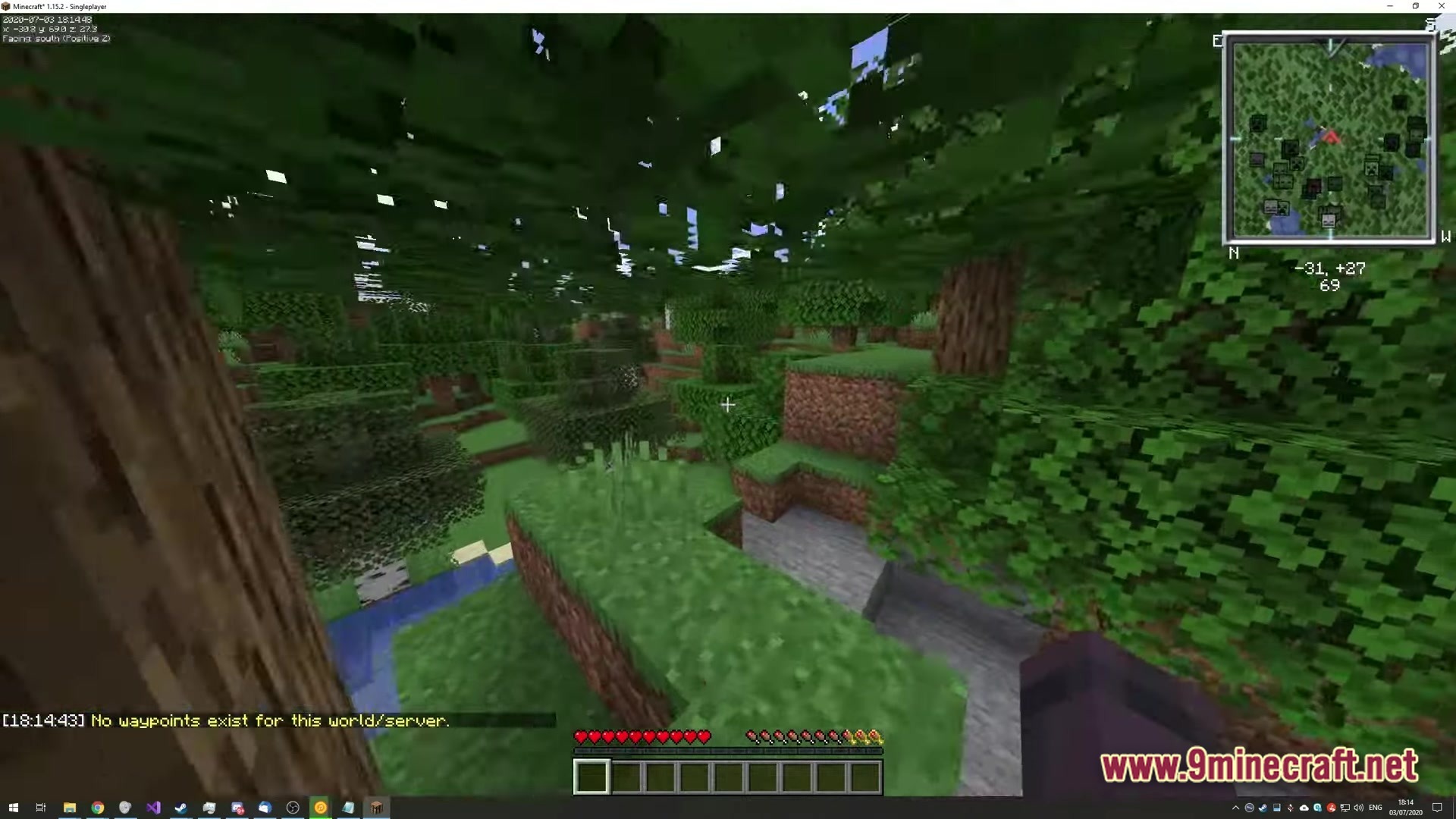 A first-person view of a forest biome featuring a minimap and debug information on screen