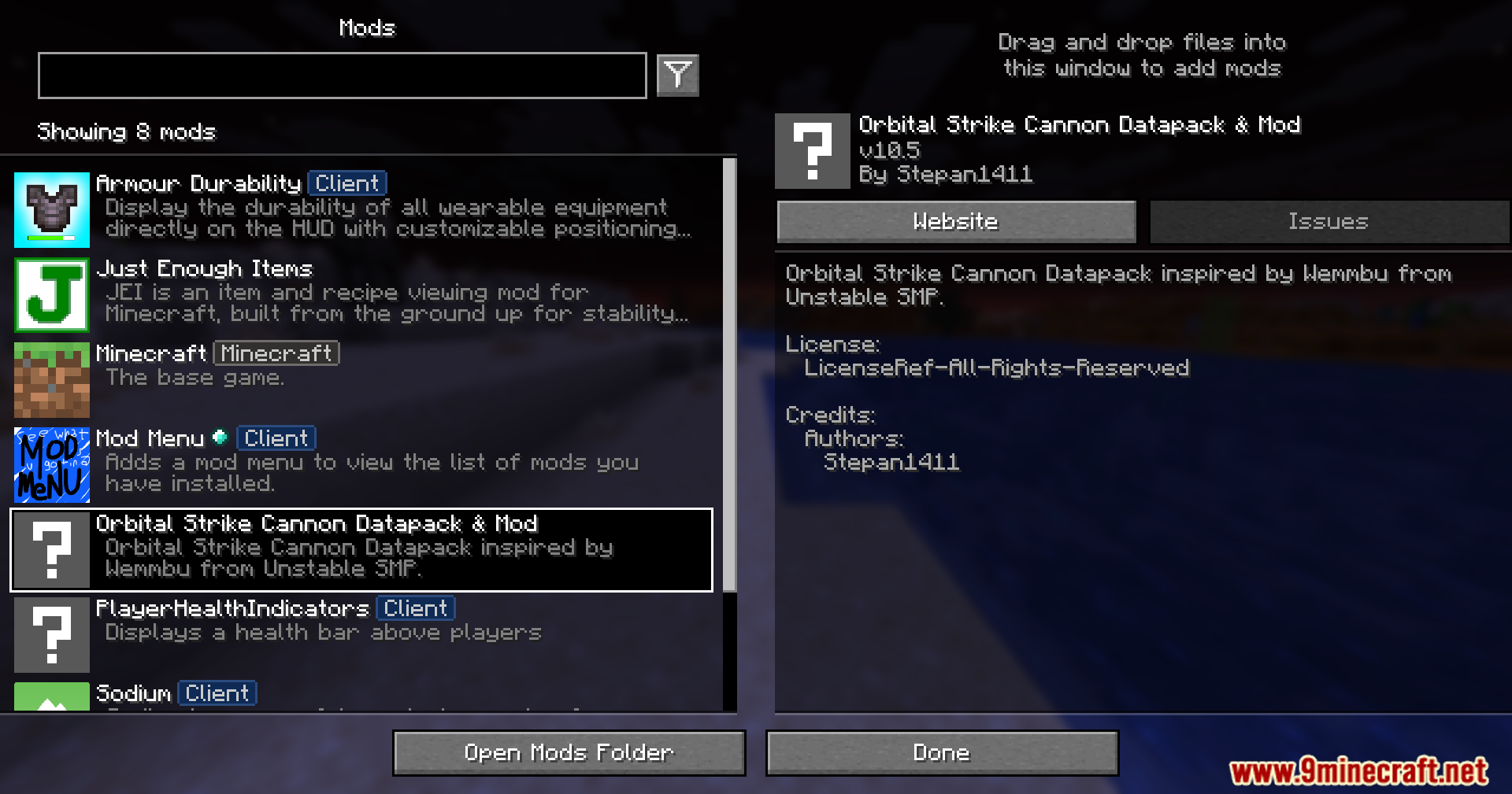 Orbital Strike Cannon Data Pack Screenshot 1 The mod menu interface showing details for the Orbital Strike Cannon mod