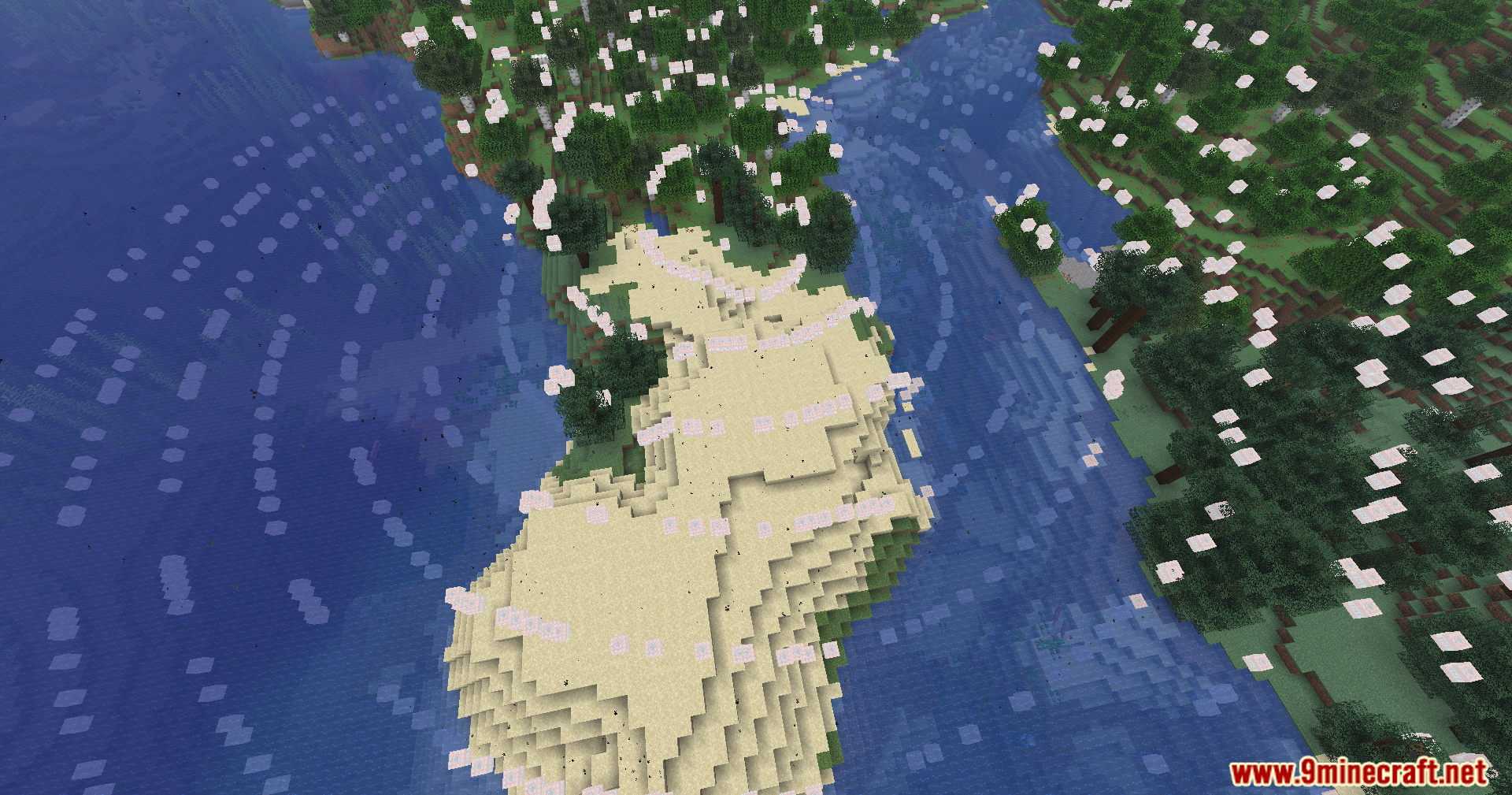 Orbital Strike Cannon Data Pack Screenshot 5 White circular particles appearing over a sandy island in a Minecraft world