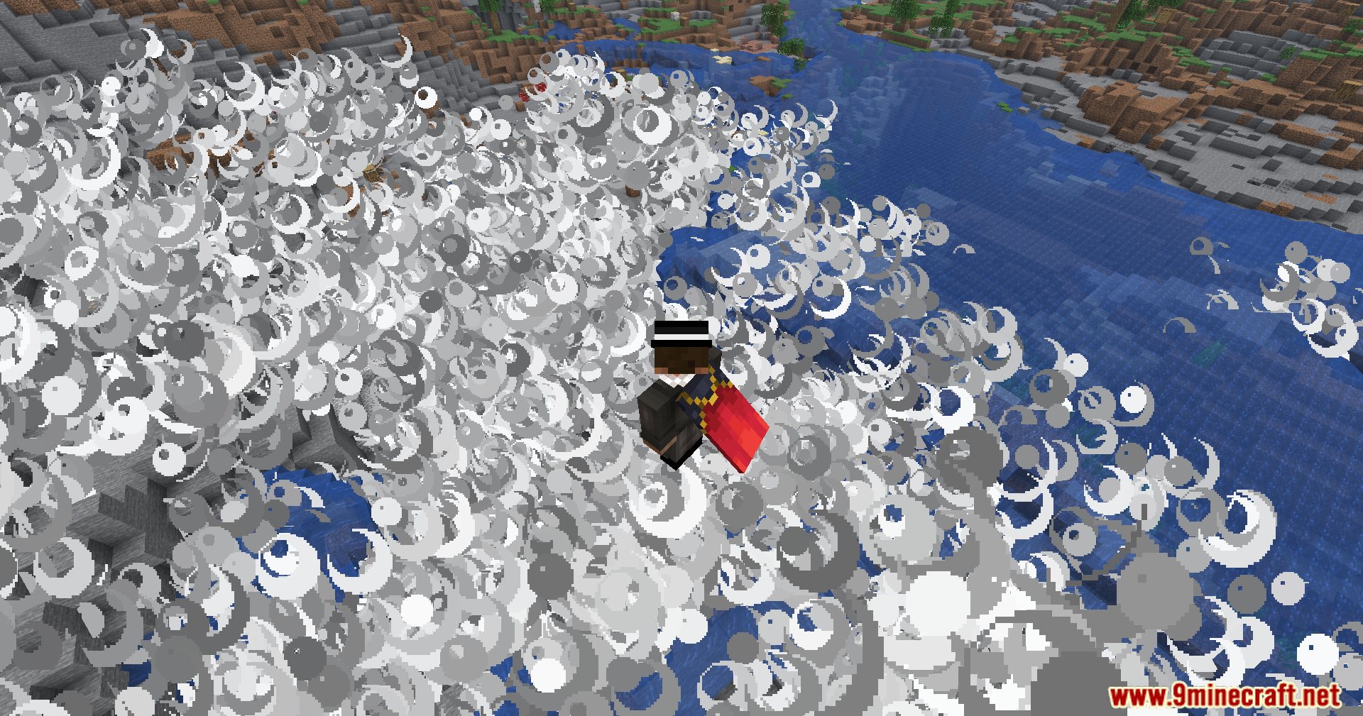 Orbital Strike Cannon Data Pack Screenshot 8 A player character flies above a massive cloud of white explosion particles