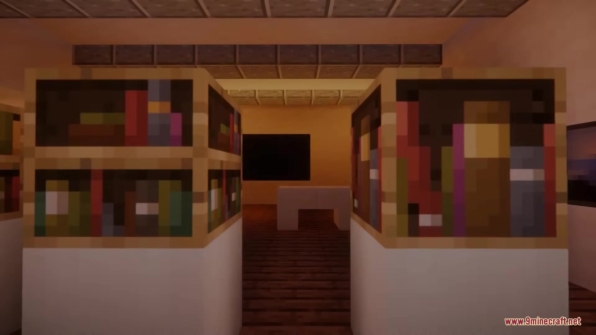 A quiet library room filled with realistic wooden bookshelves and detailed textures