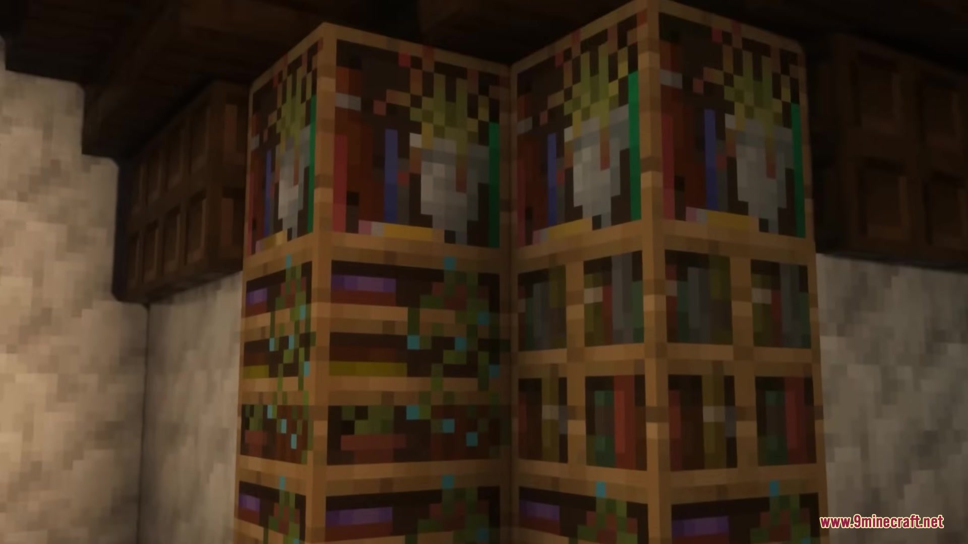 Os Bookshelves Resource Pack adds realistic textures with plants and hanging green vines