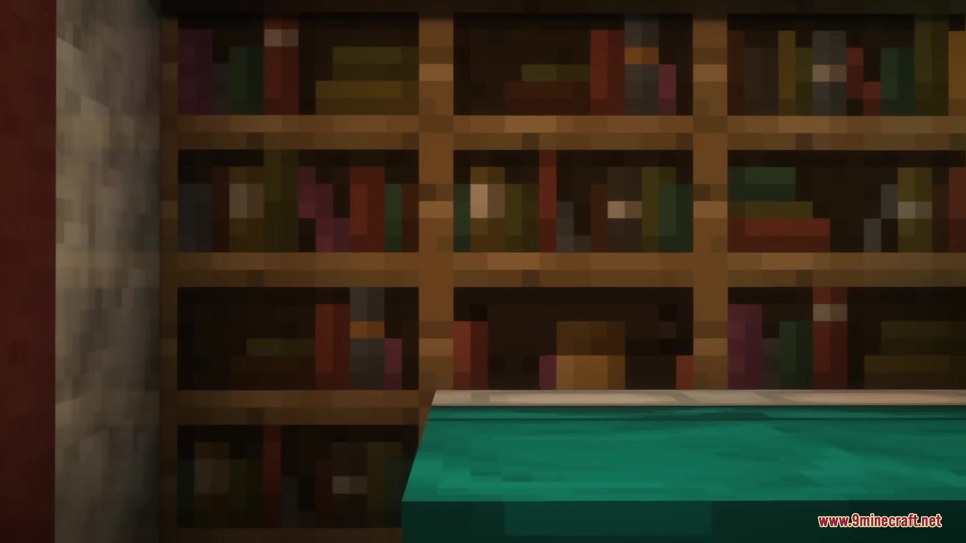Realistic bookshelves with muted colors and varied book arrangements in Minecraft