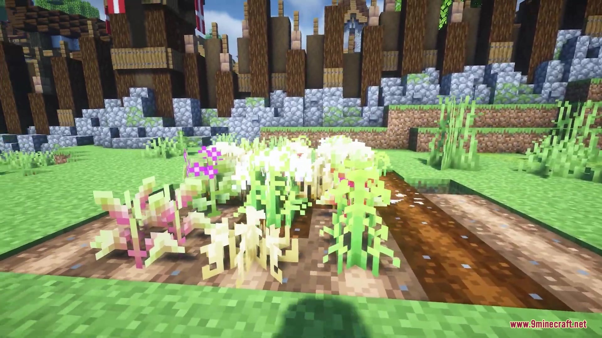 Minecraft farm showing varied plant models and rotations in the dirt