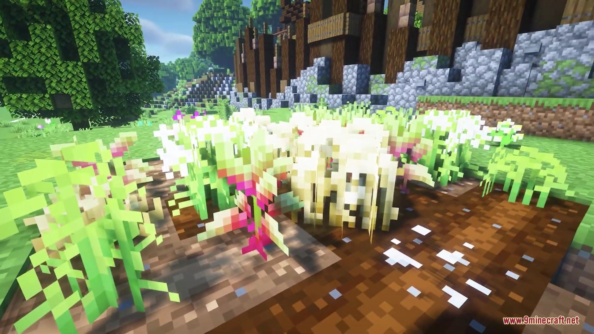 A variety of crops with natural shapes growing on farmland in Minecraft