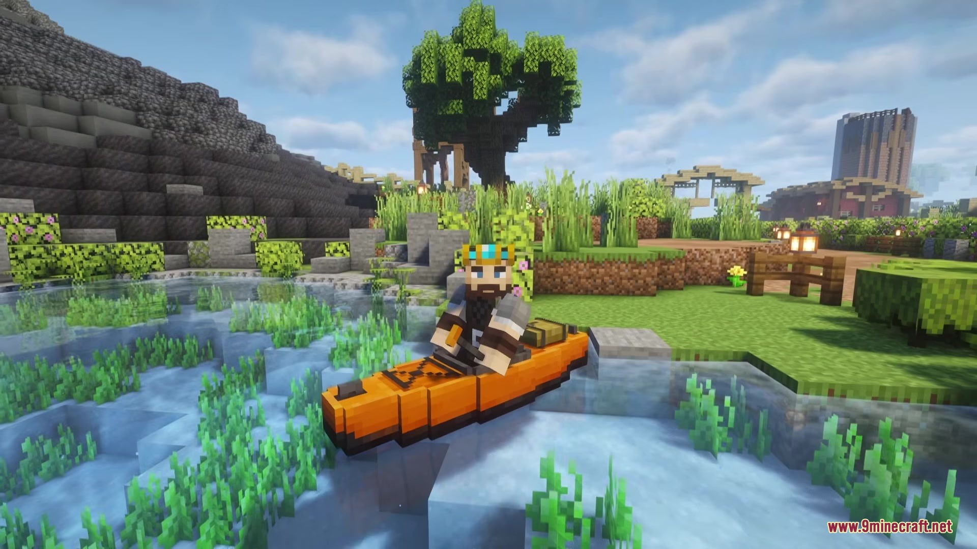 A player character sitting in an orange kayak near a grassy shore
