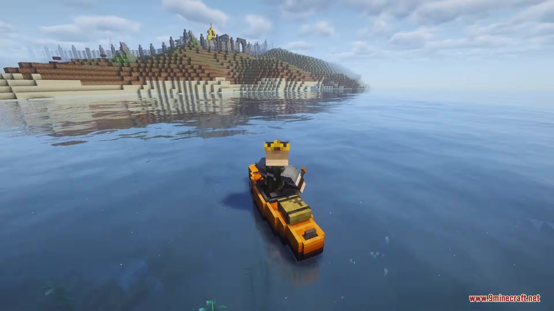 A player wearing a crown sits in an orange kayak on calm water