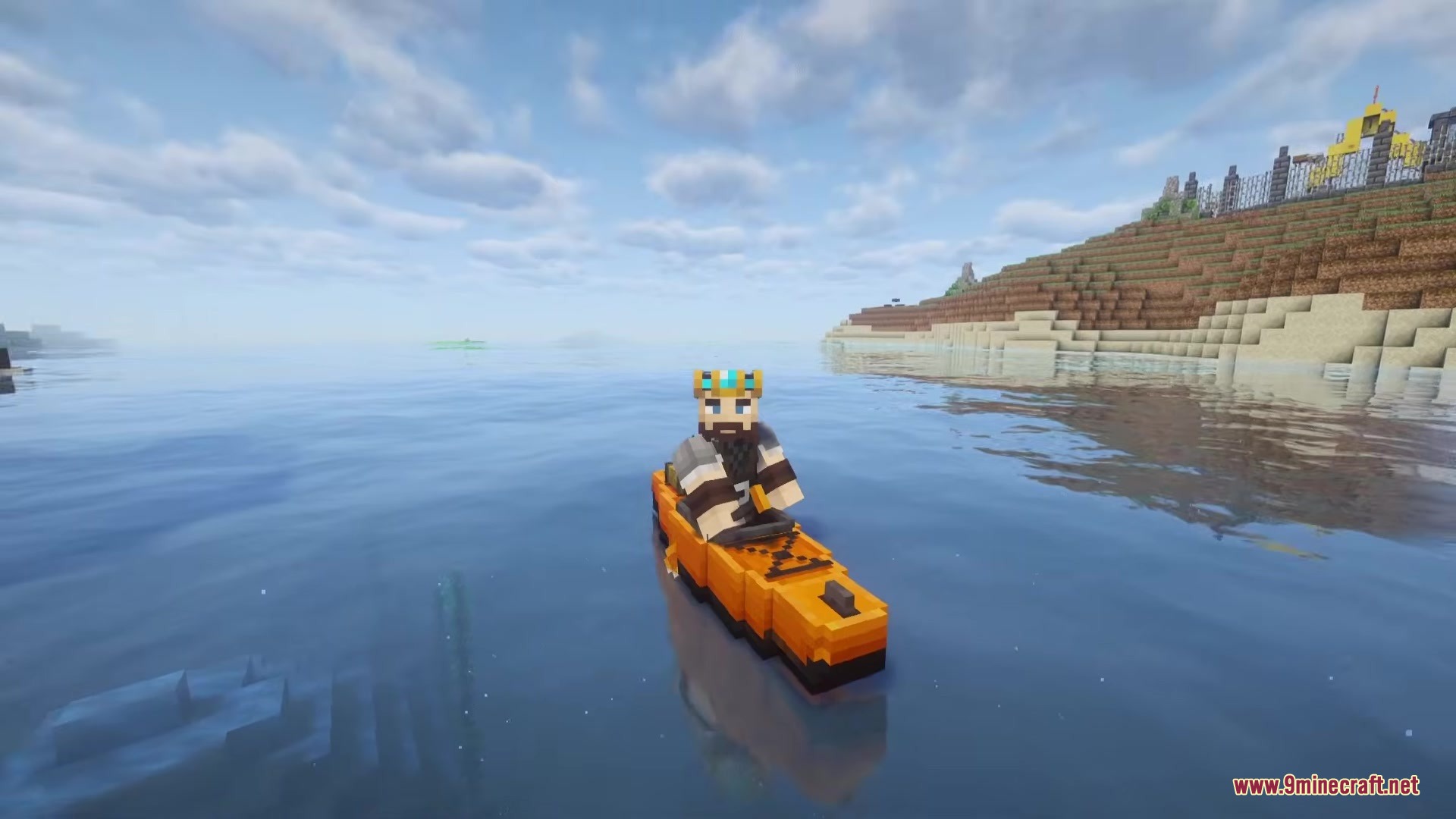 A character wearing a crown sits in an orange kayak near the shore