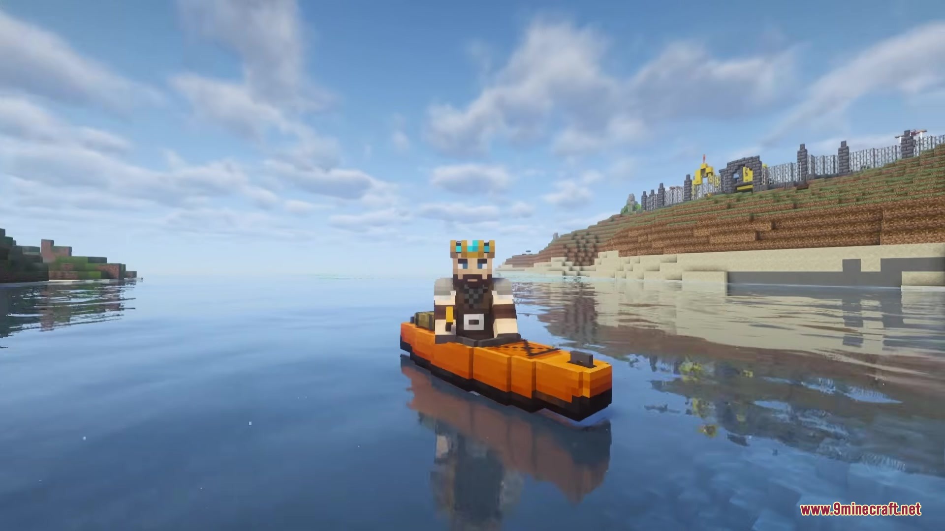 A character in a crown navigates an orange kayak along a sandy shoreline