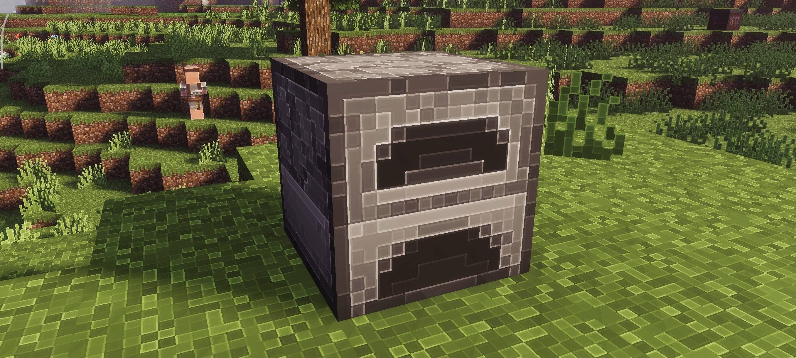 Custom furnace design with detailed textures and crisp outlines on the grass