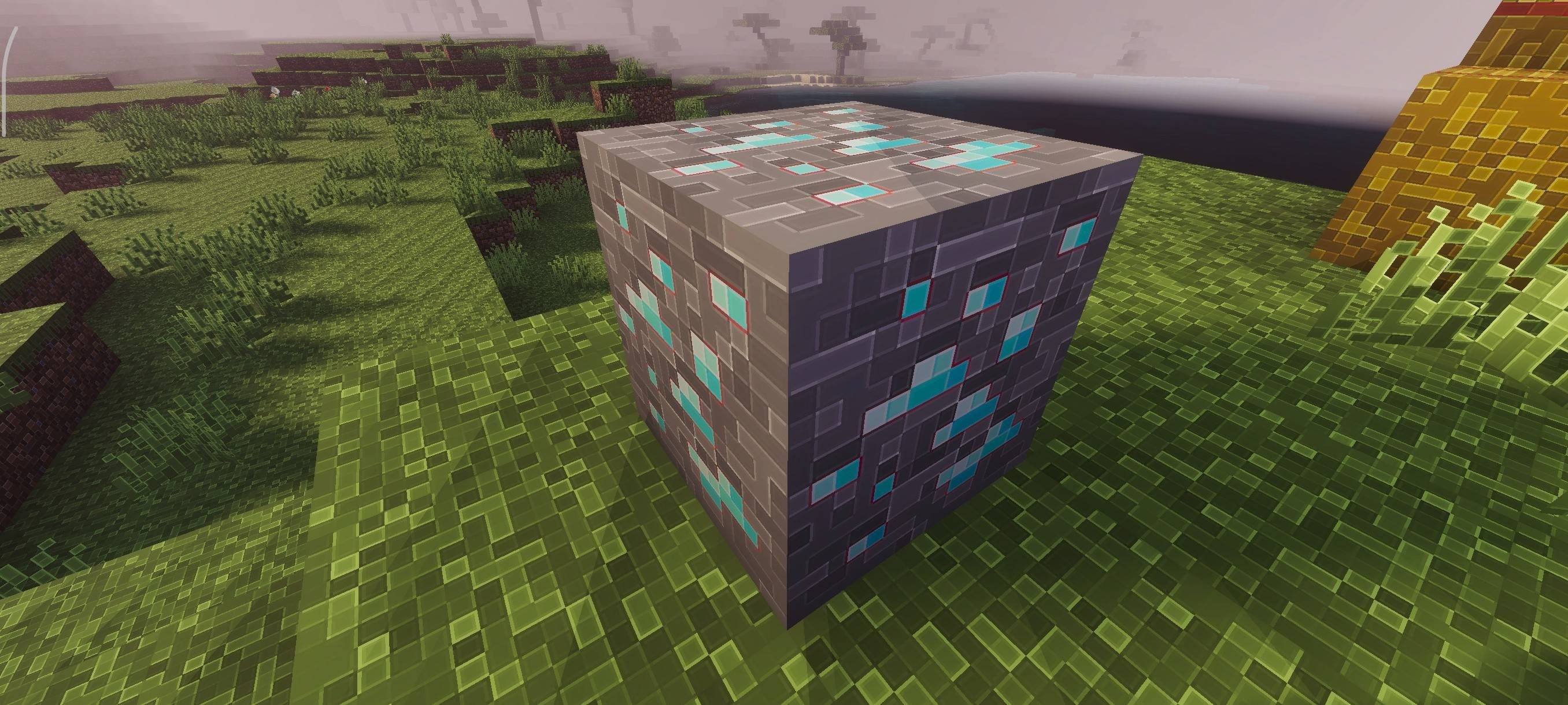 Detailed diamond ore block with crisp outlines sitting in a grassy field