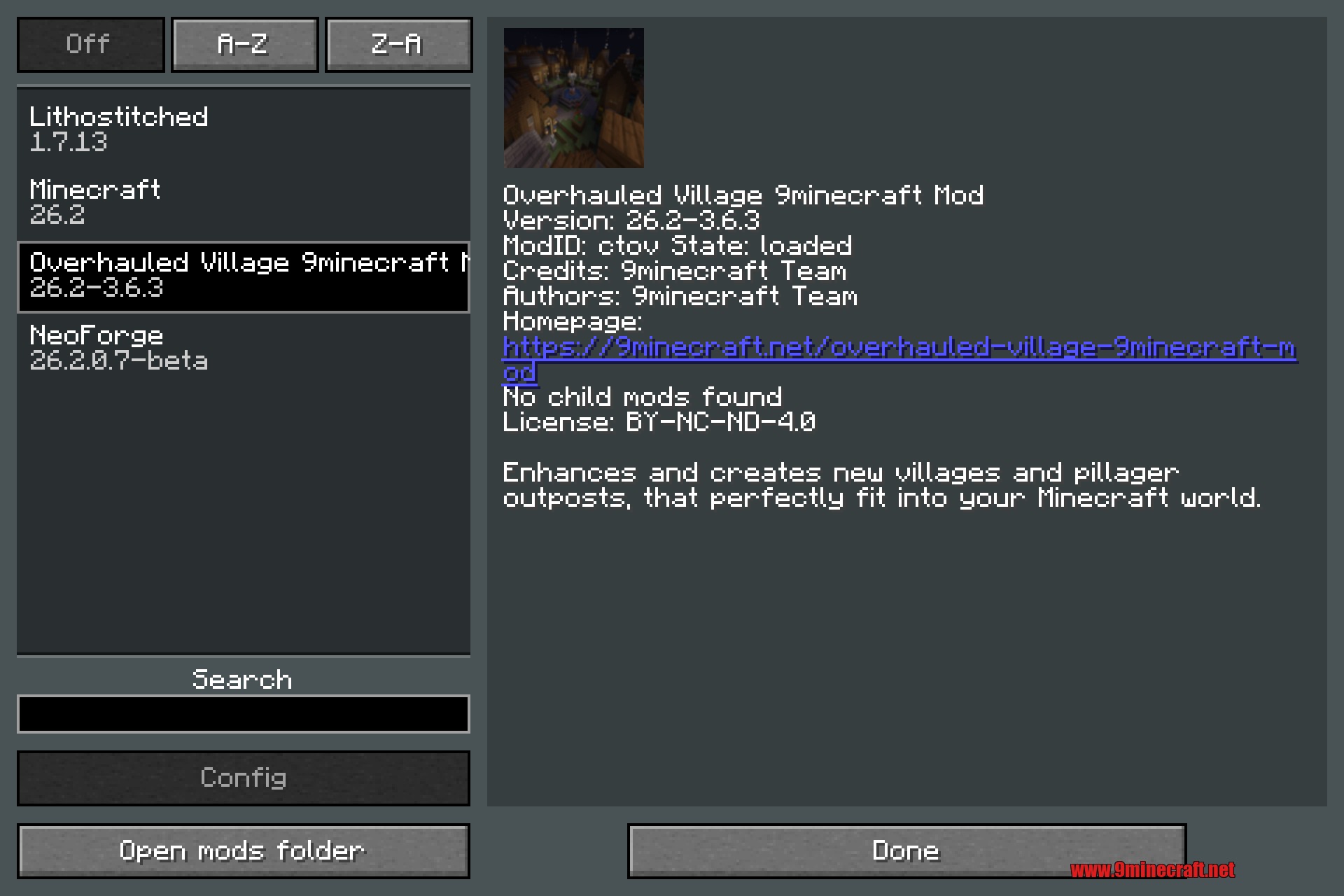 Overhauled Village 9minecraft Mod Screenshot 1 A Minecraft mod list menu showing details for the Overhauled Village mod