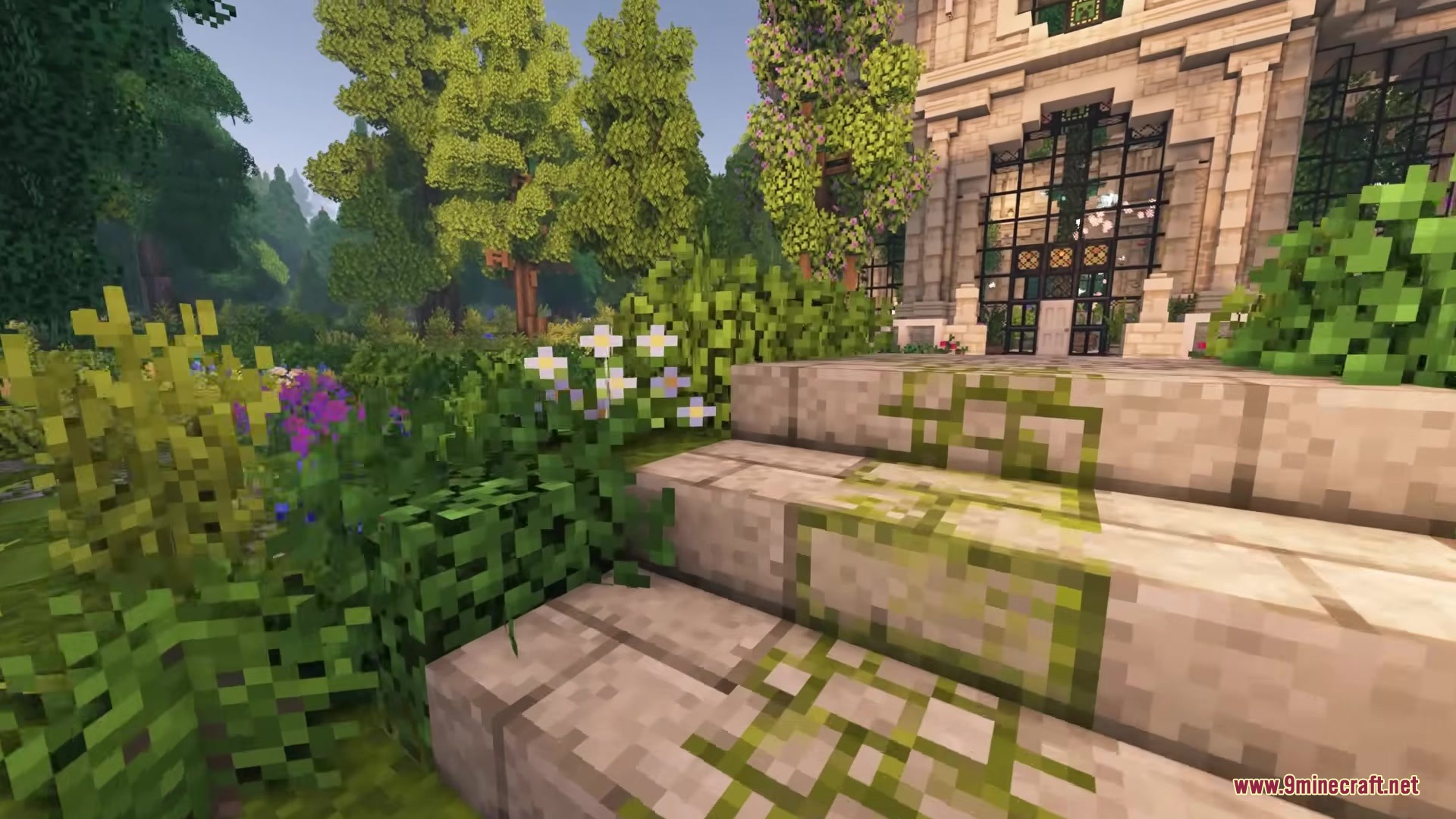 Owange's Autumn Overlay Resource Pack Screenshot 1 Mossy stone steps leading to a grand building with large glass windows