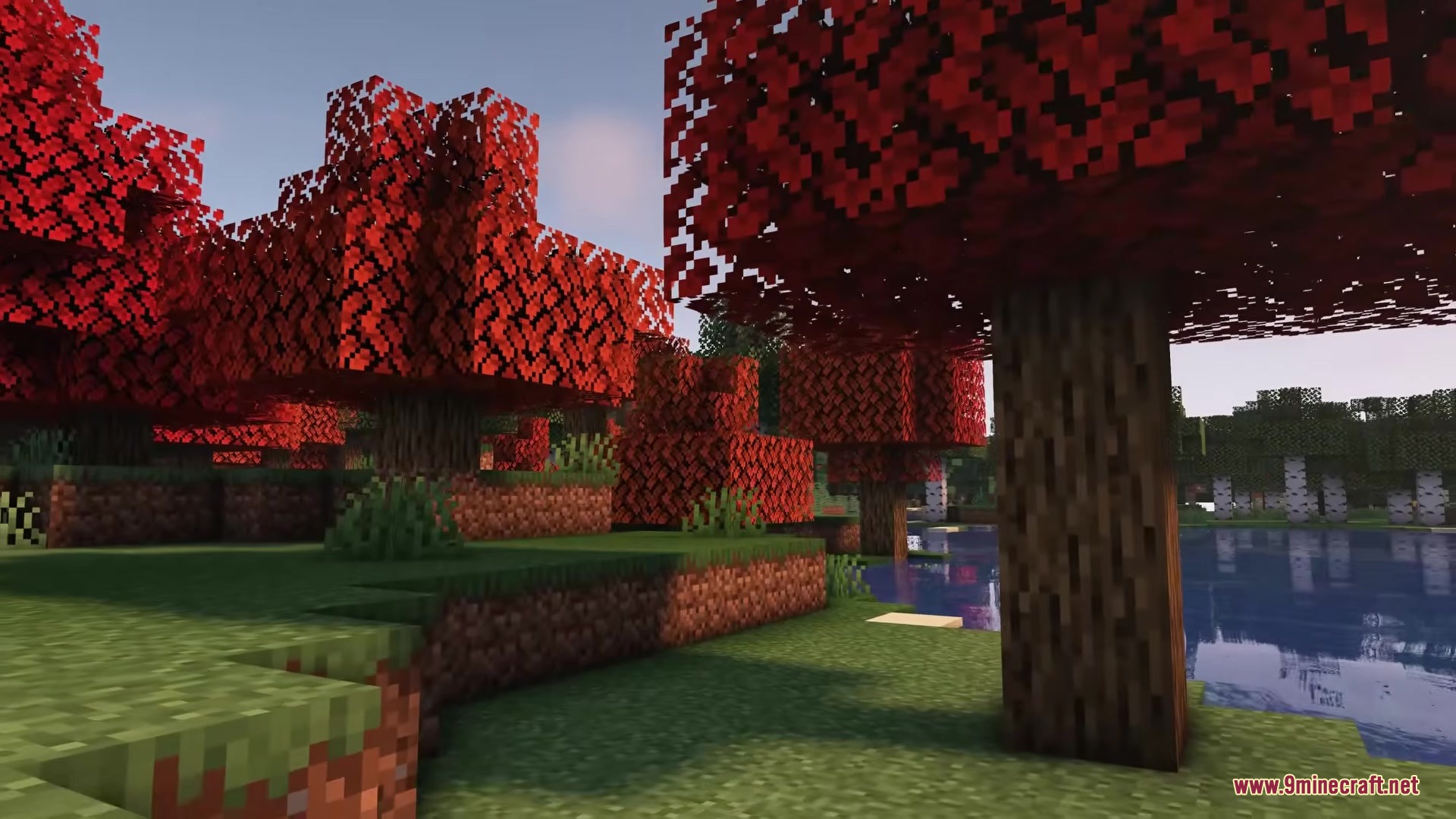 Owange's Autumn Overlay Resource Pack Screenshot 5 Owange Autumn Overlay Resource Pack adds vibrant red leaves to Minecraft trees