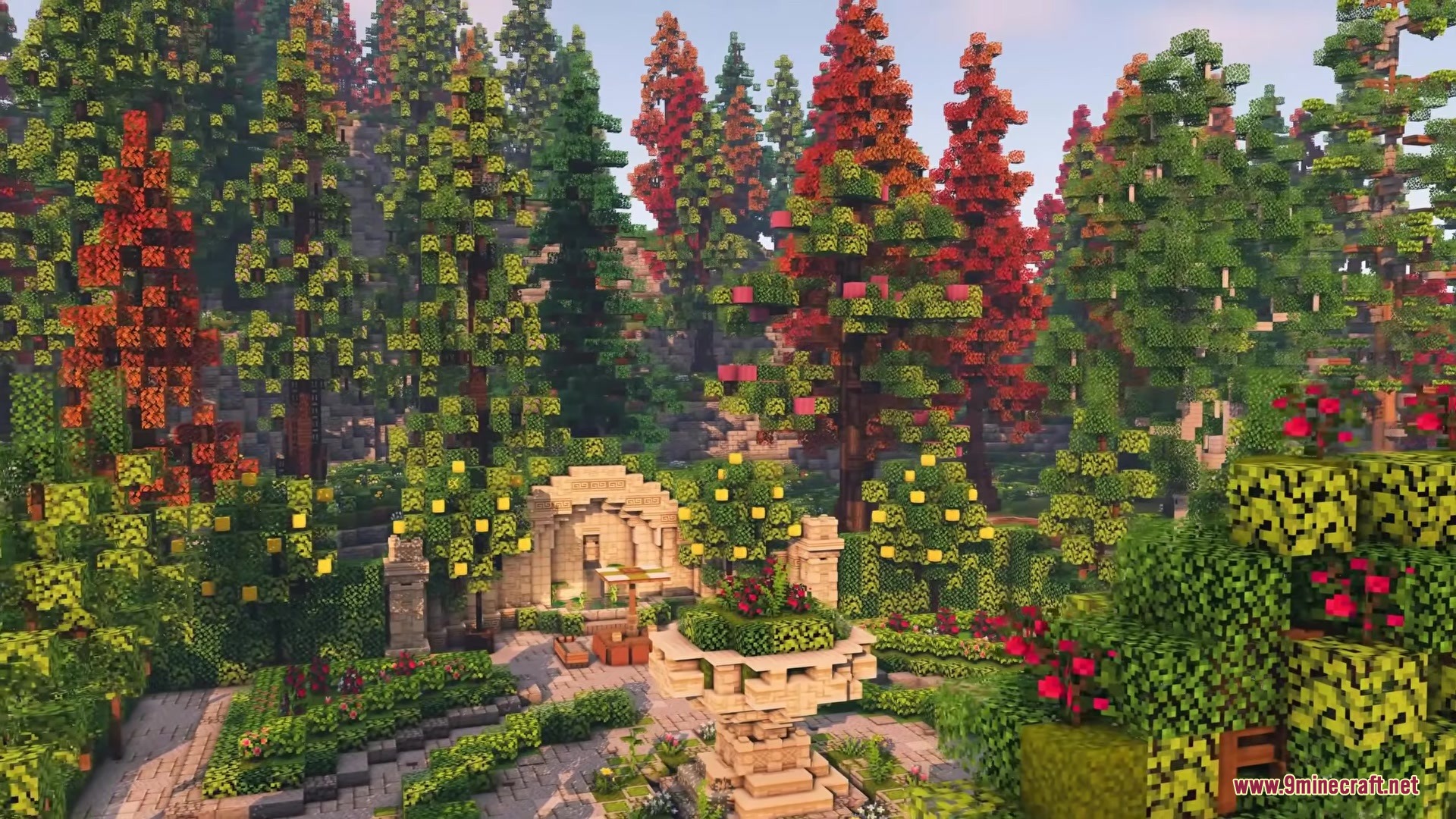 Owange's Autumn Overlay Resource Pack Screenshot 6 A detailed garden with a stone fountain and colorful autumn fruit trees