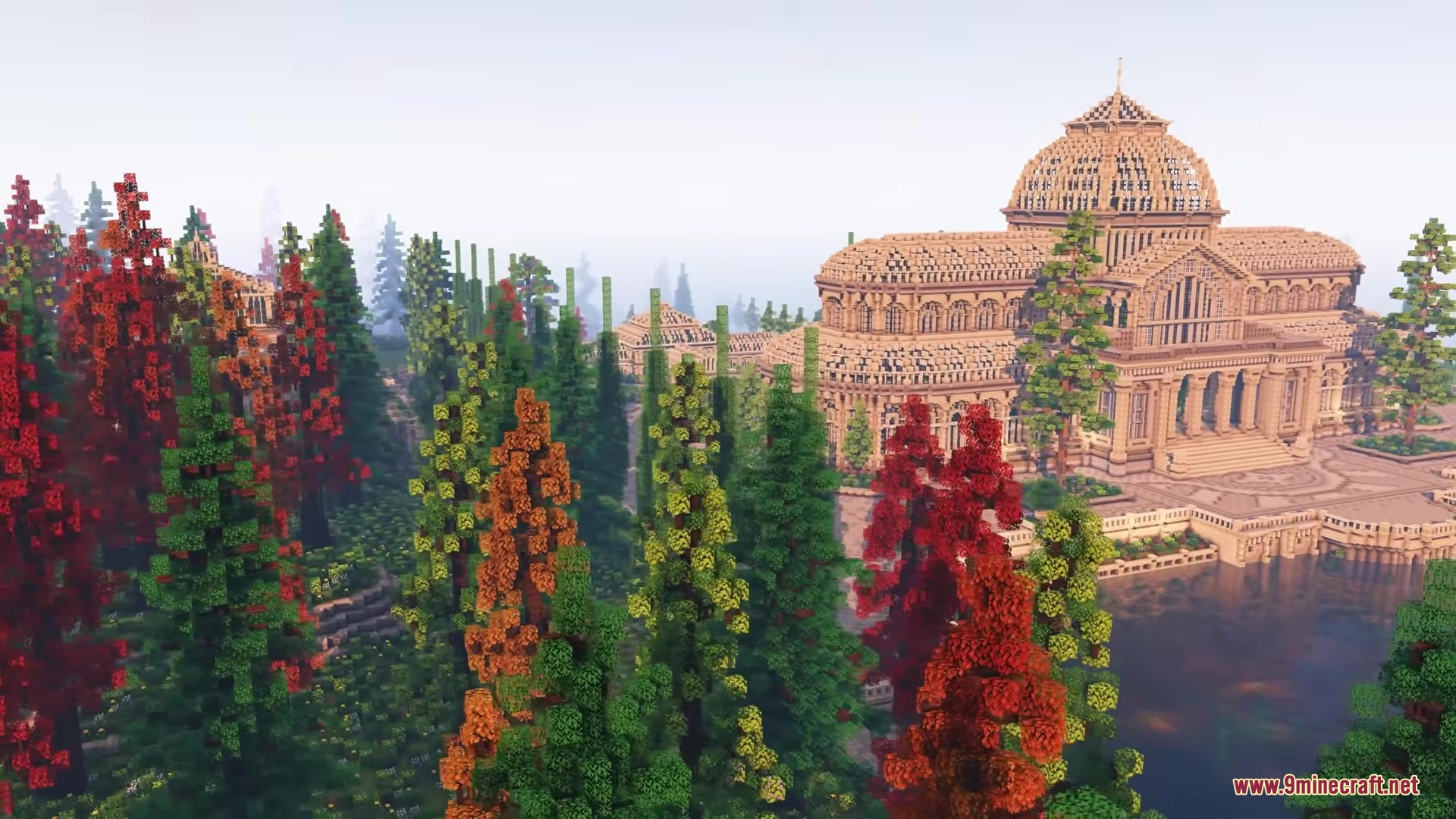 Owange's Autumn Overlay Resource Pack Screenshot 7 A majestic palace surrounded by colorful autumn trees next to a quiet lake
