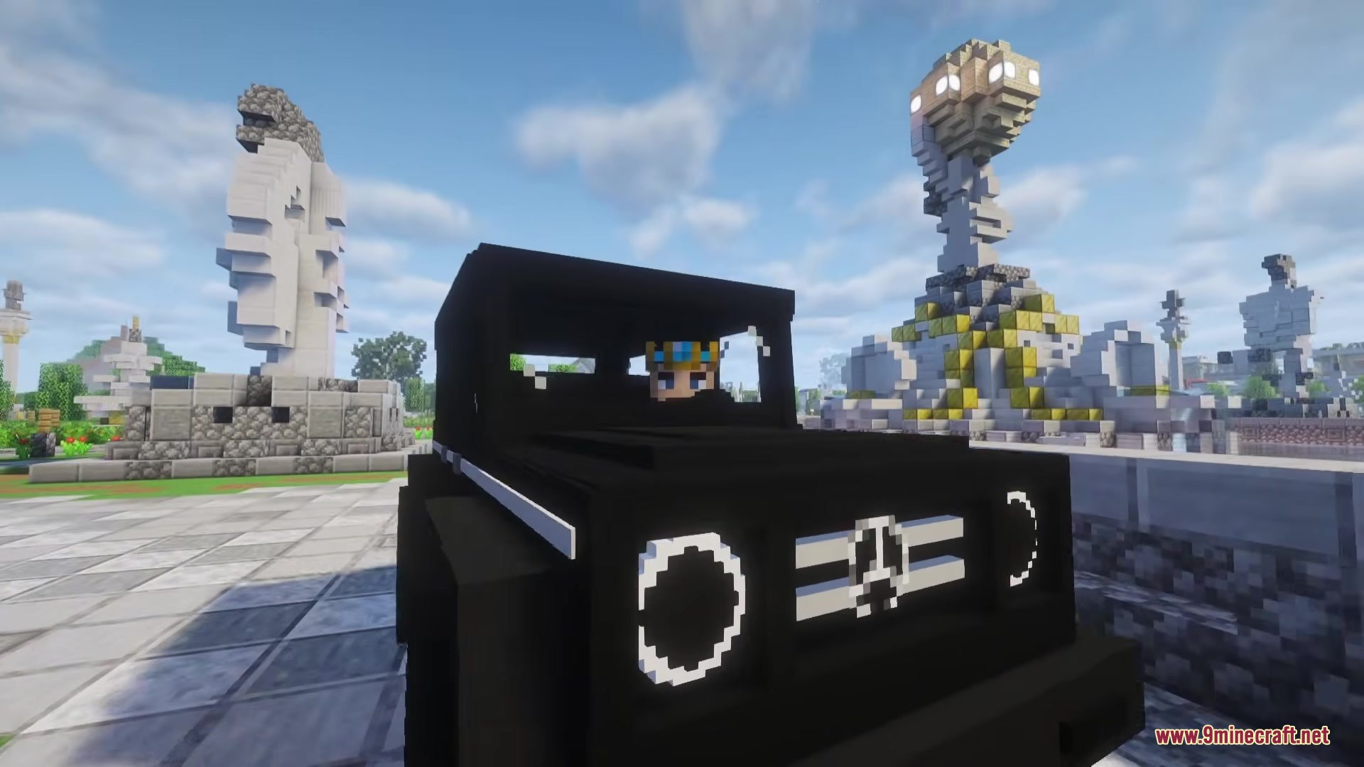 P Dcar G63 Mod Screenshot 6 A player wearing a crown drives a black SUV past large stone monuments