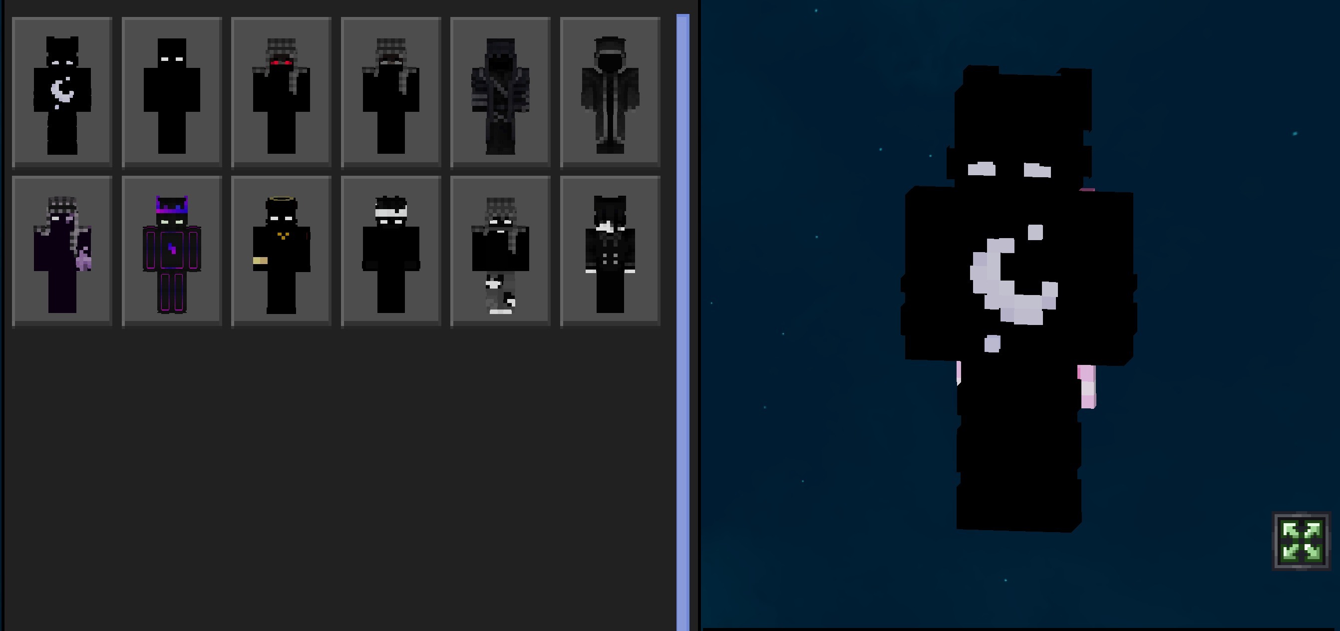 PVP Collections Dark Skin Pack Screenshot 1 PVP Collections Dark Skin Pack menu displaying black character skins with moon symbols