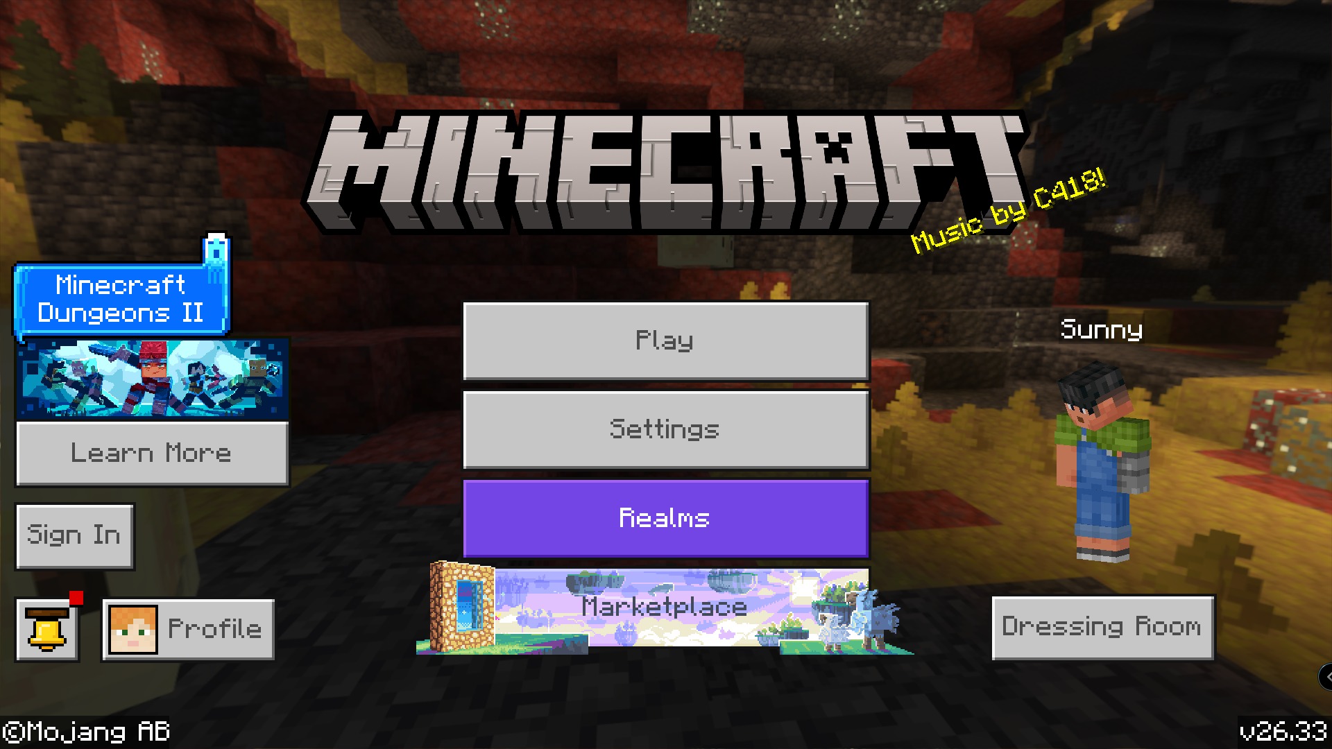 PVP Collections Dark Skin Pack Screenshot 2 Minecraft Pocket Edition main menu screen showing play settings and realms buttons