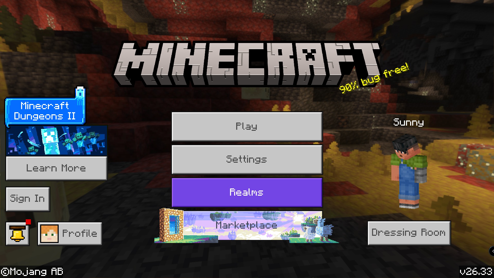 PVP Skin Pack Screenshot 1 Minecraft main menu screen showing play settings and purple realms buttons for players