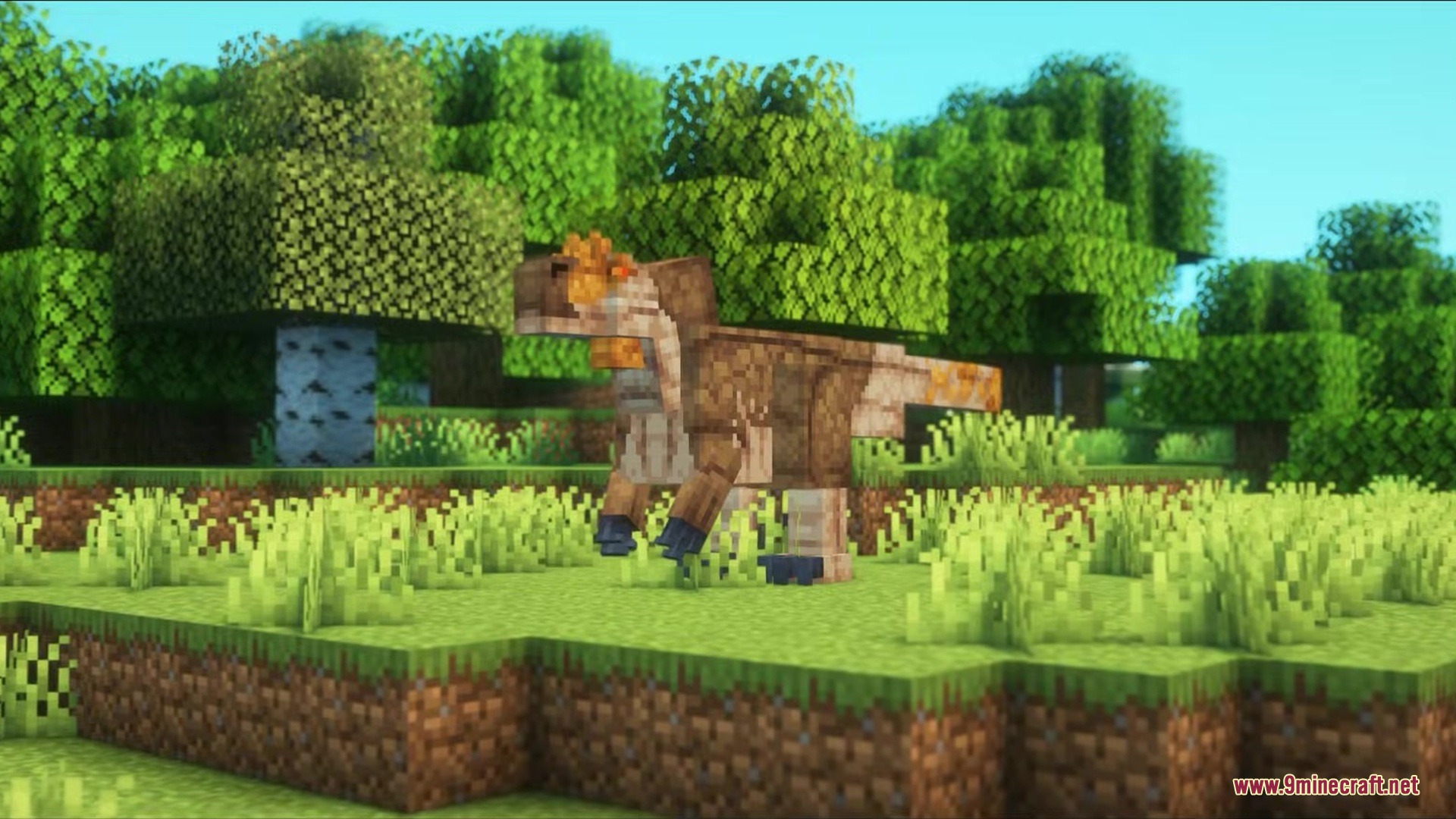 Paleo Ages Mod Screenshot 1 A feathered prehistoric creature stands in a lush green Minecraft forest