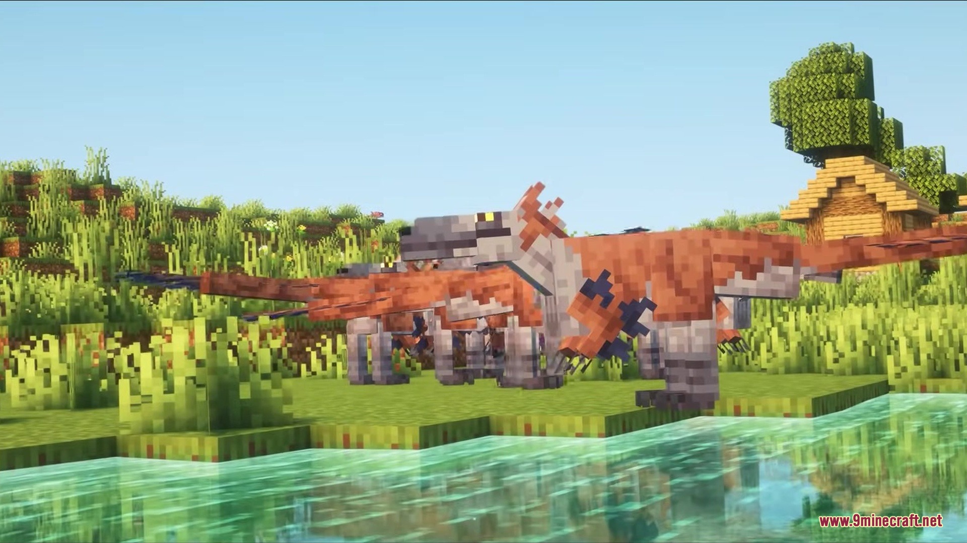 Paleo Ages Mod Screenshot 3 Feathered dinosaurs standing near a river with a wooden house in the background