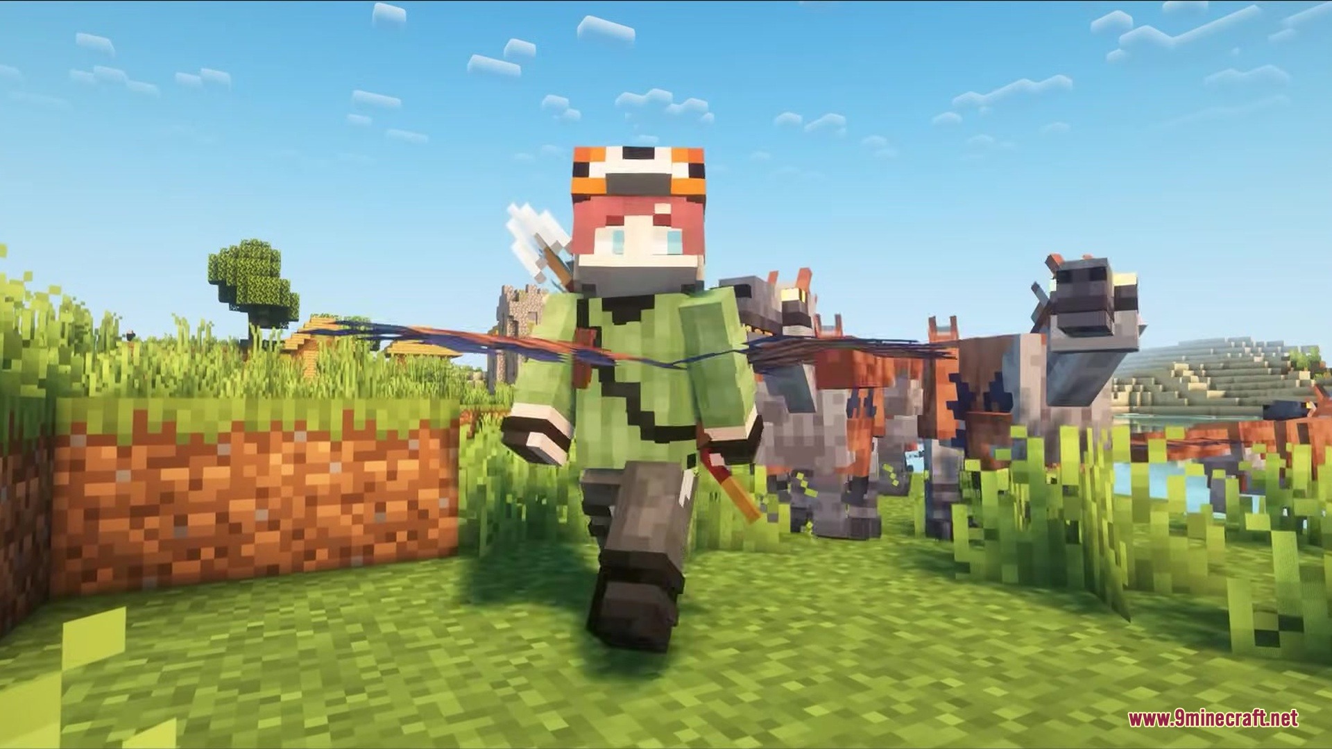 Paleo Ages Mod Screenshot 4 A Minecraft player walking in front of a pack of feathered prehistoric dinosaurs