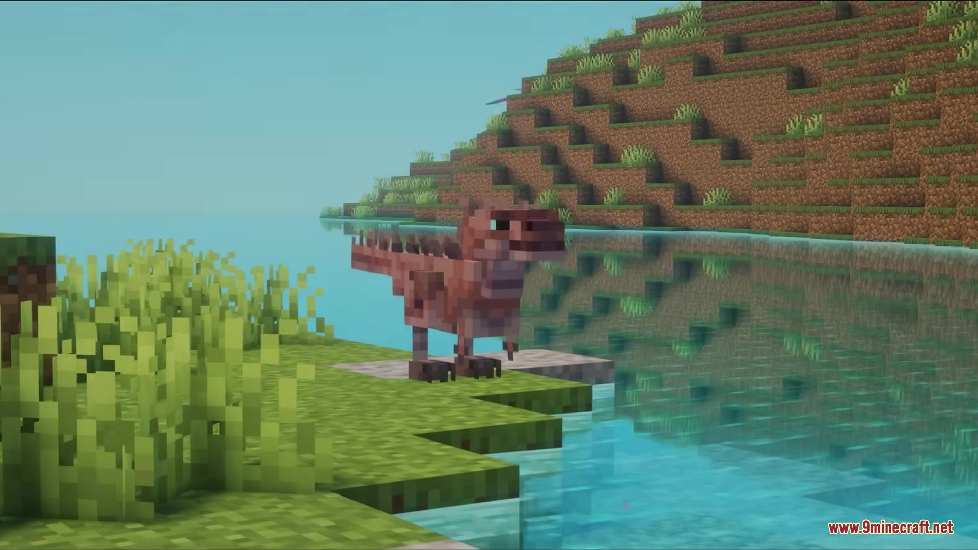 Paleo Ages Mod Screenshot 5 A small brown dinosaur standing on a grassy riverbank in Minecraft