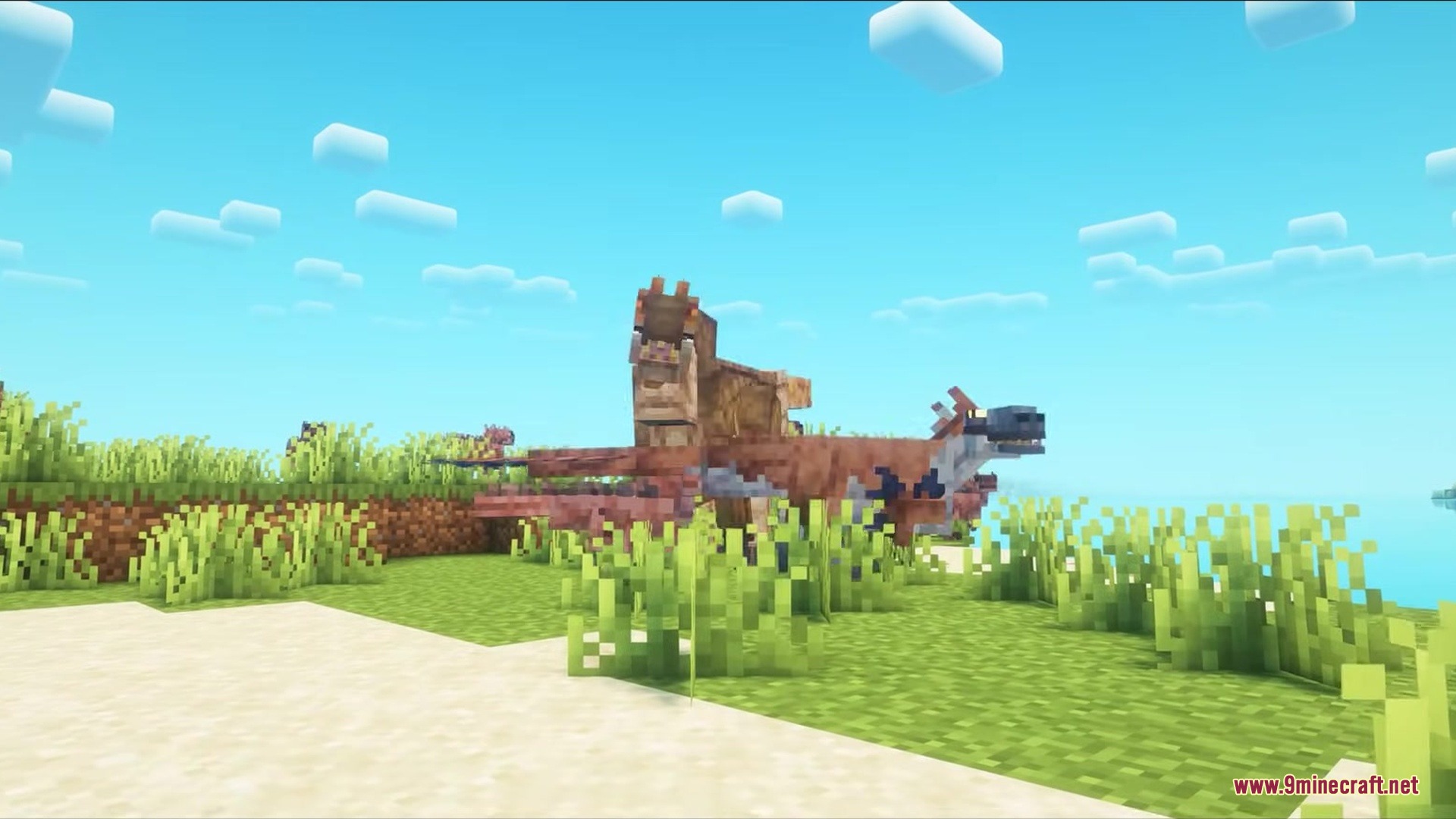 Paleo Ages Mod Screenshot 6 Large prehistoric dinosaurs standing together on a grassy beach near the water