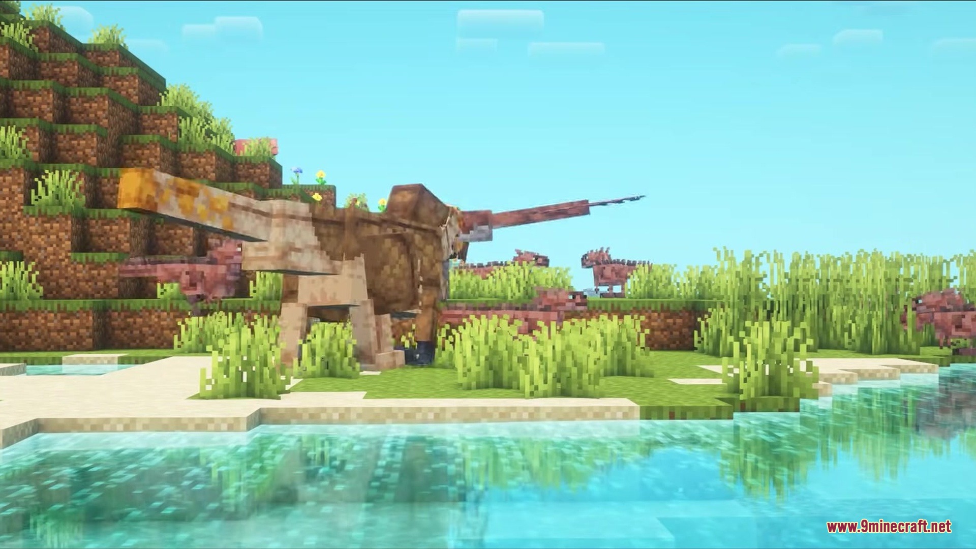 Paleo Ages Mod Screenshot 7 A large Allosaurus stands near the water surrounded by several smaller dinosaurs