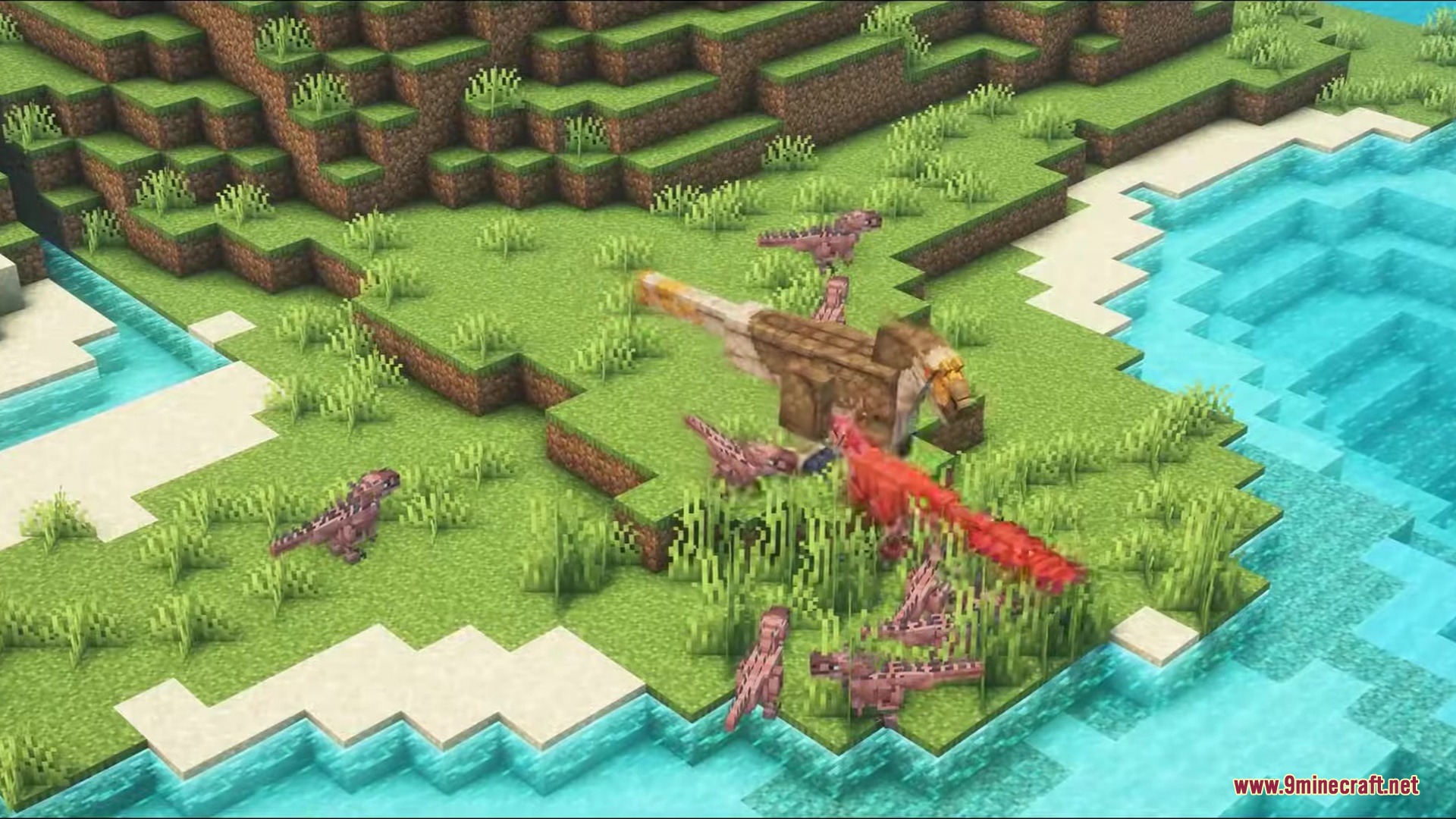 Paleo Ages Mod Screenshot 8 A pack of small dinosaurs attacks a larger creature on the grassy riverbank
