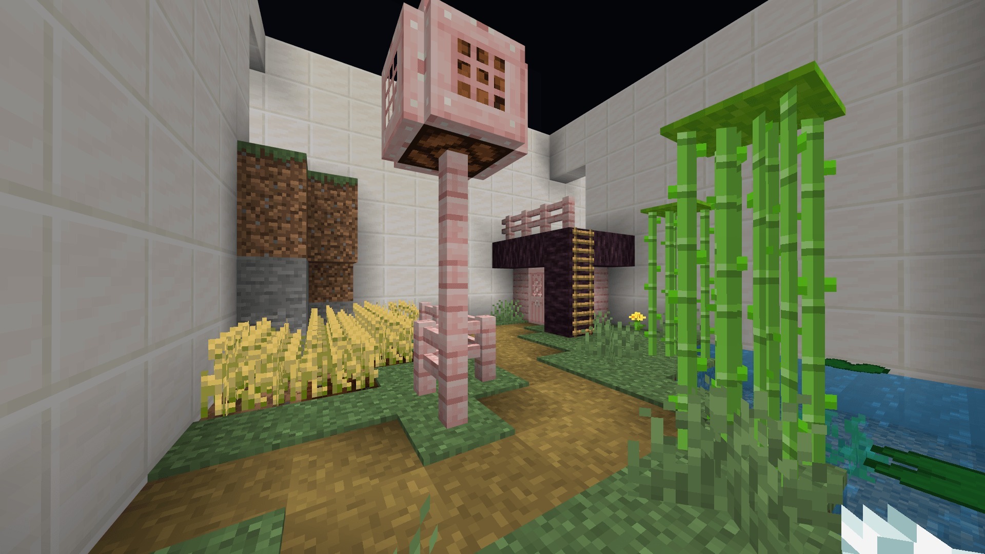 Parkour A Map level featuring bamboo wheat and pink wood structures