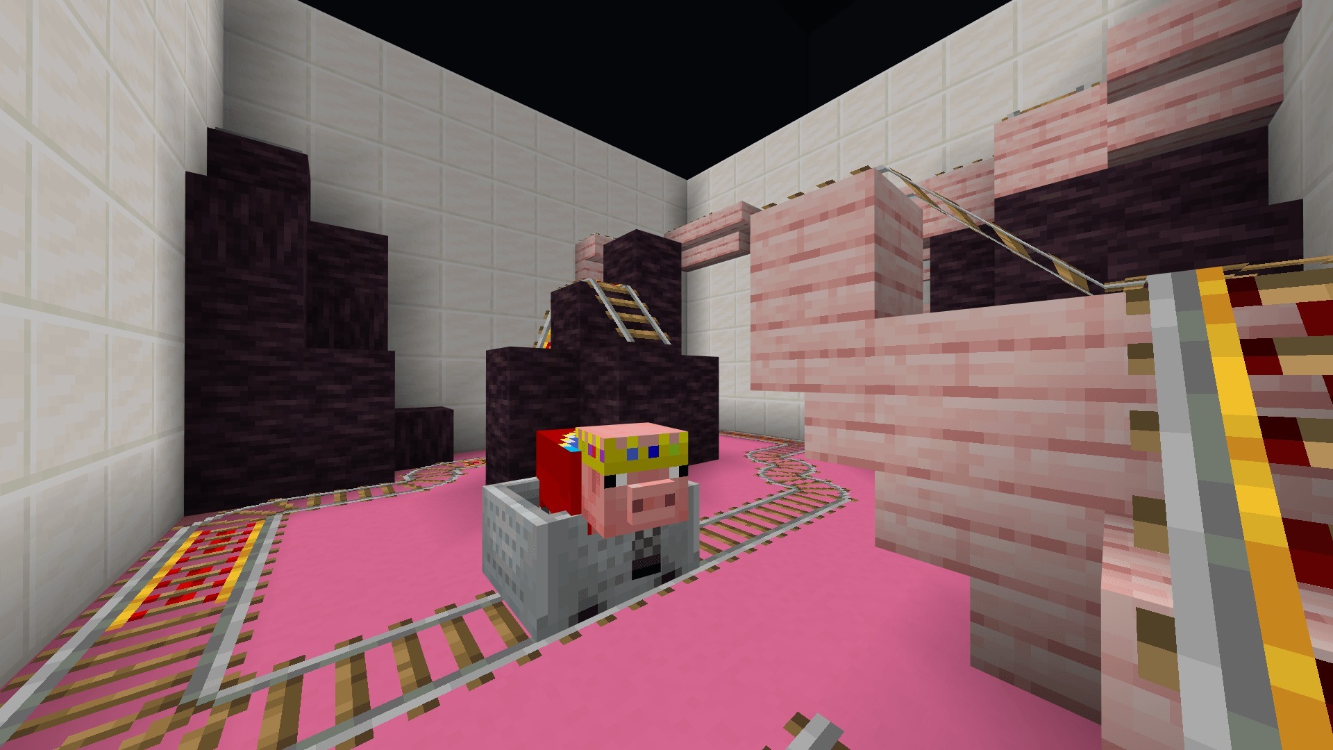 Crowned pig in a minecart riding on rails in a pink room