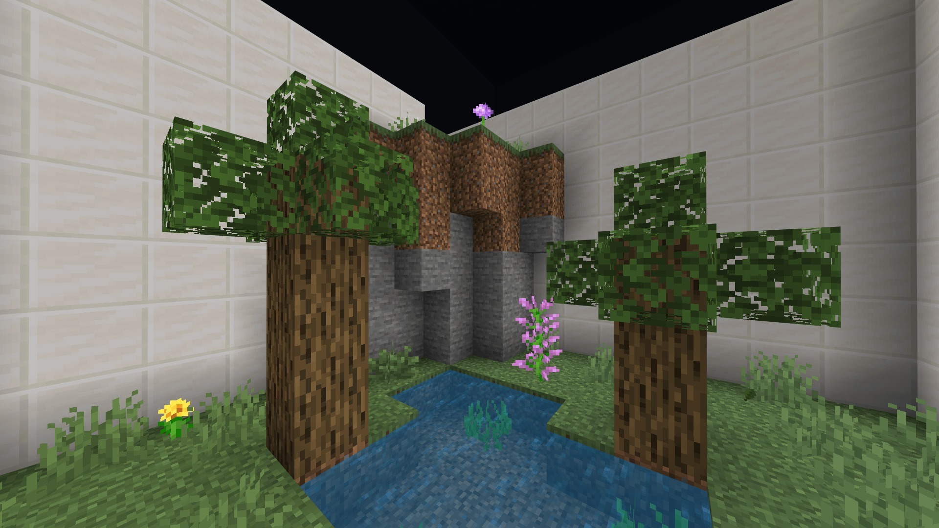 Parkour room featuring oak trees a small pond and stone cliff obstacles
