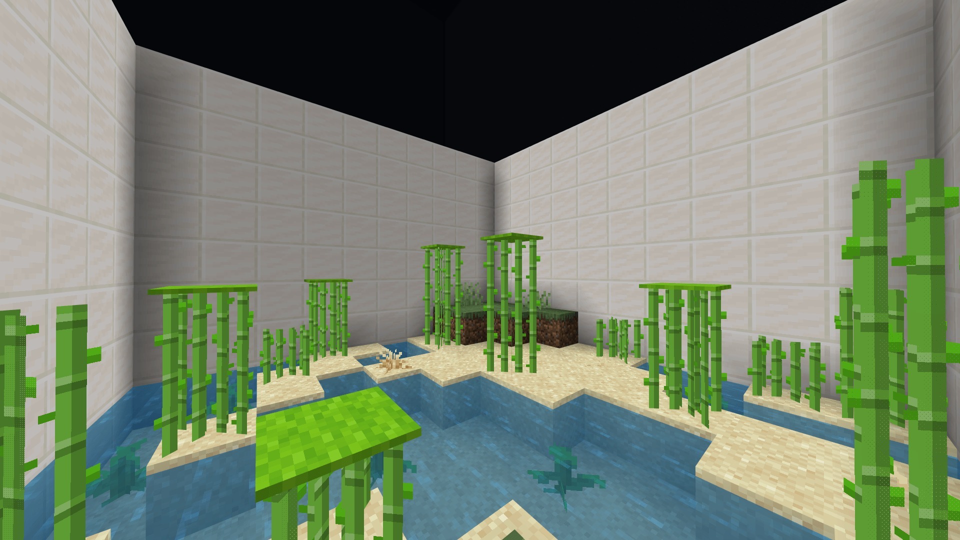 Bamboo parkour room with white tiled walls and water pools