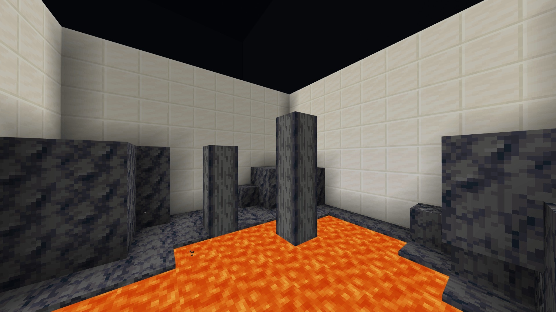Lava parkour level with dark stone pillars and white tiled walls