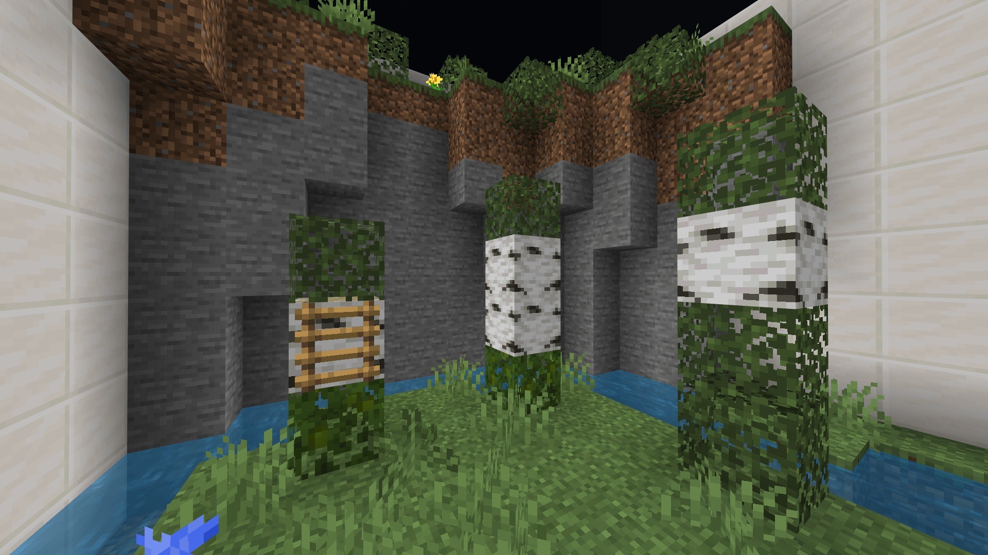 A parkour level featuring birch logs and stone walls inside a quartz room