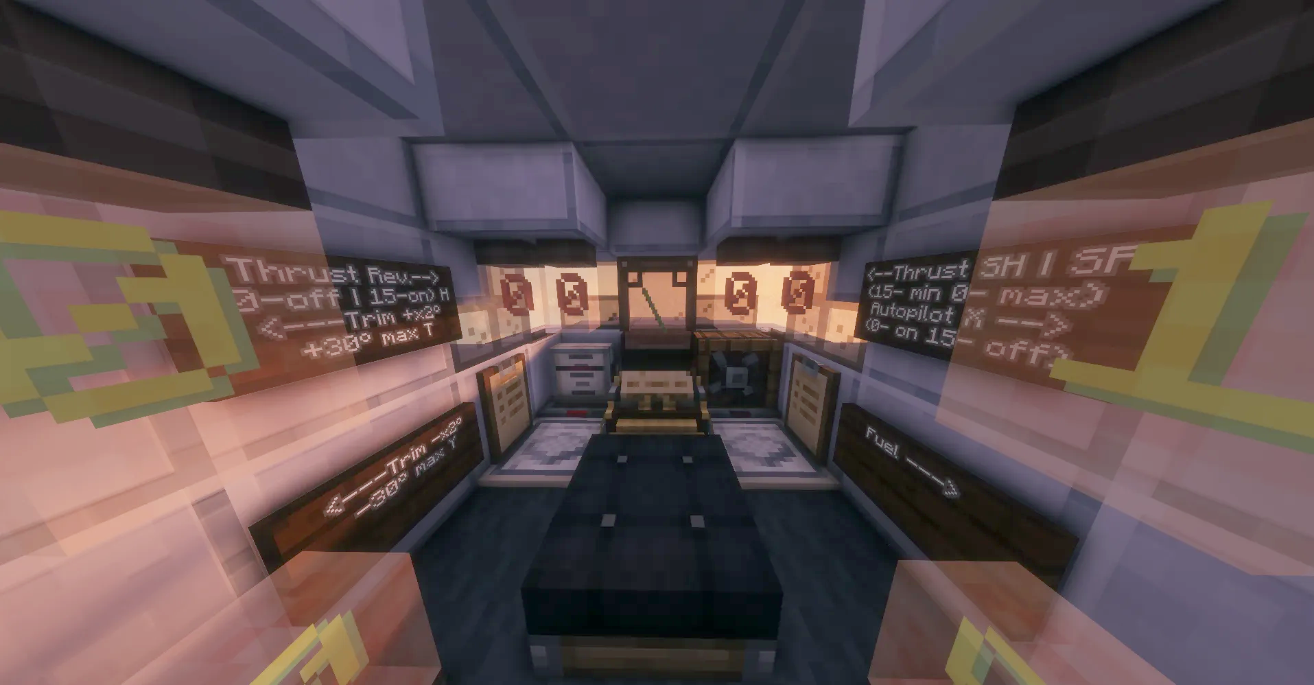 Detailed cockpit interior of the airplane with flight controls and signs