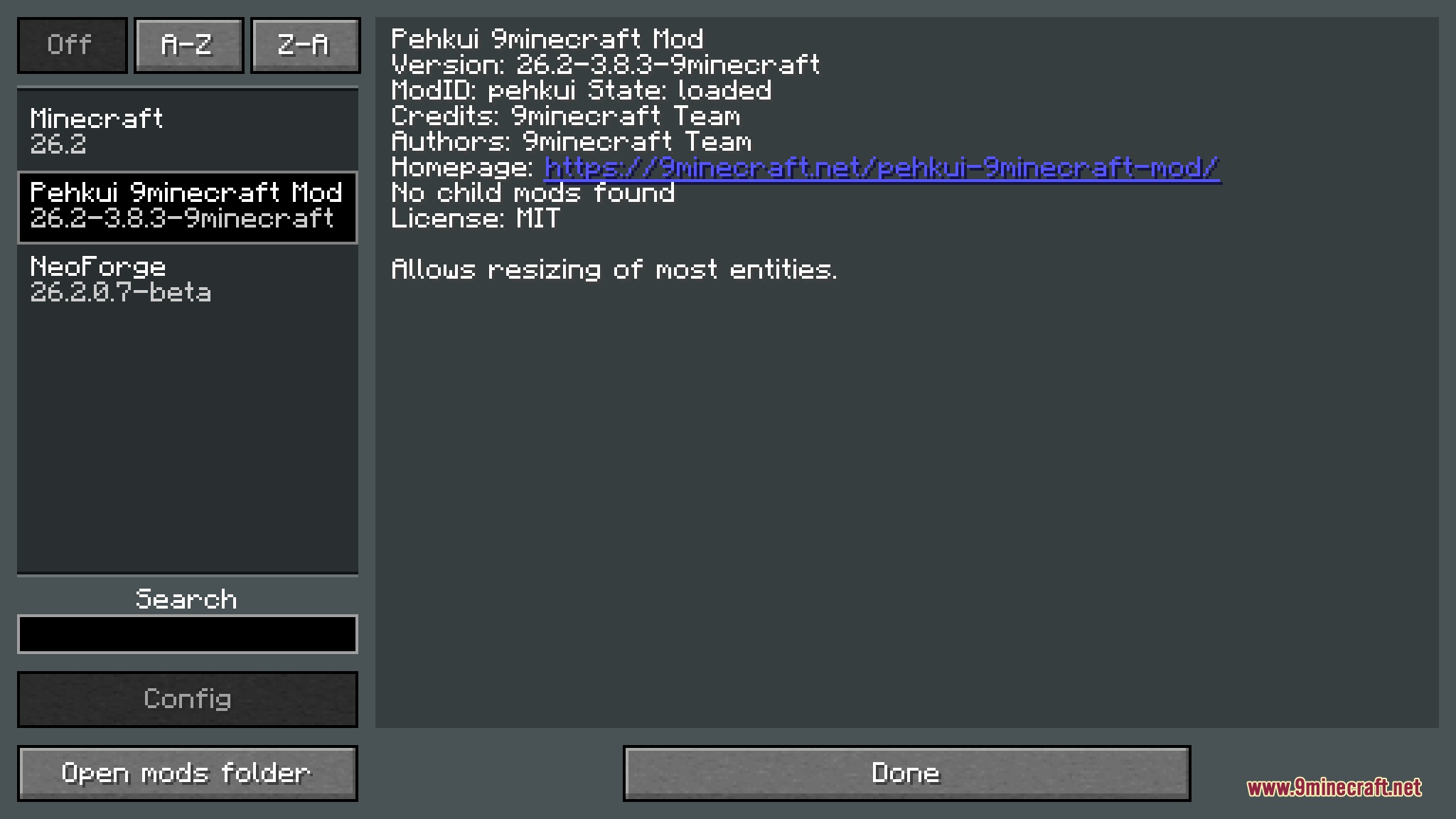The Pehkui 9minecraft Mod entry in the in-game mods list, loaded with 9minecraft Team credits
