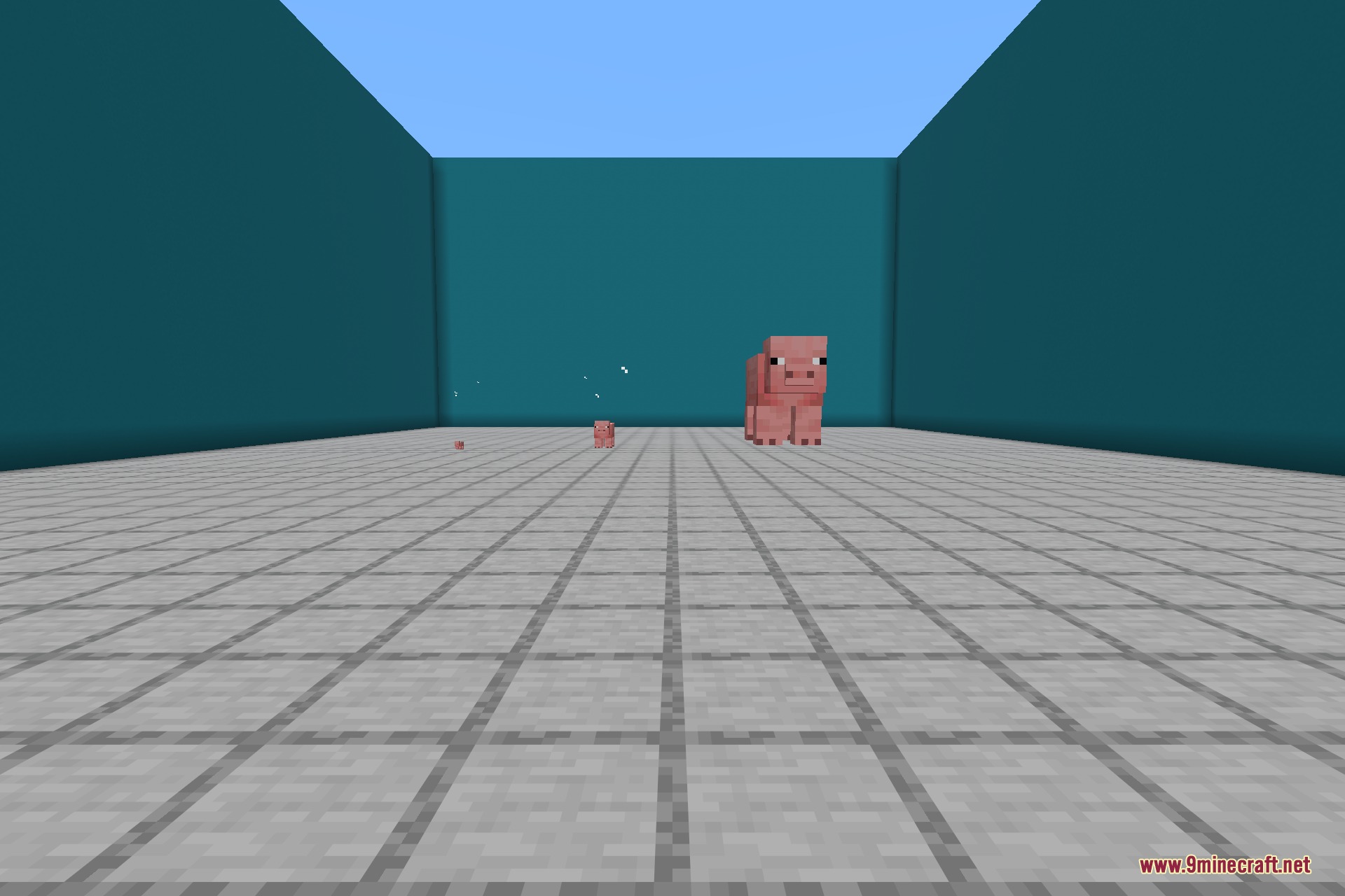 A giant, a normal, and a miniature pig standing side by side in Pehkui 9minecraft Mod