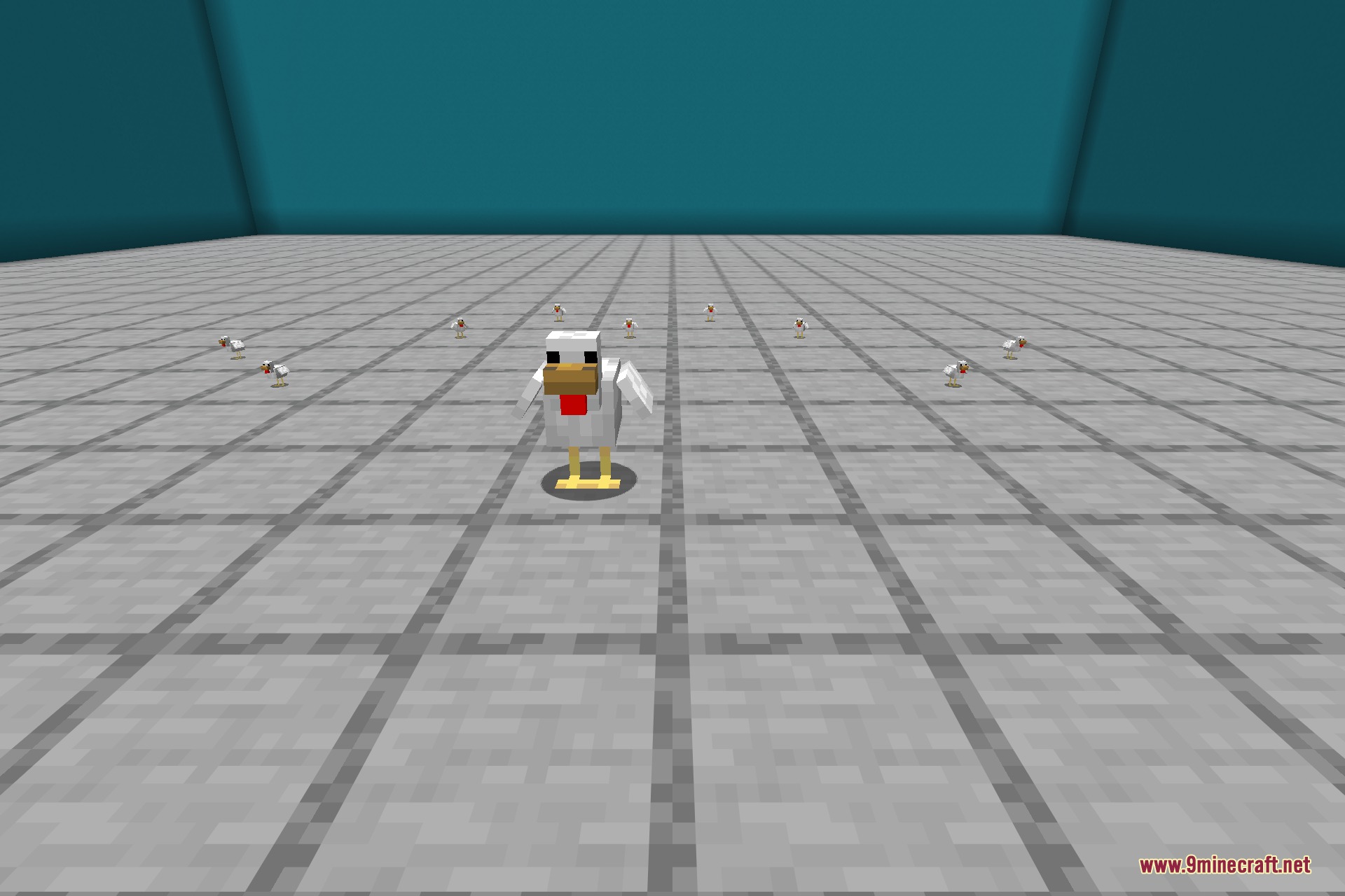 A flock of shrunken chickens gathered around a full-size one in Pehkui 9minecraft Mod