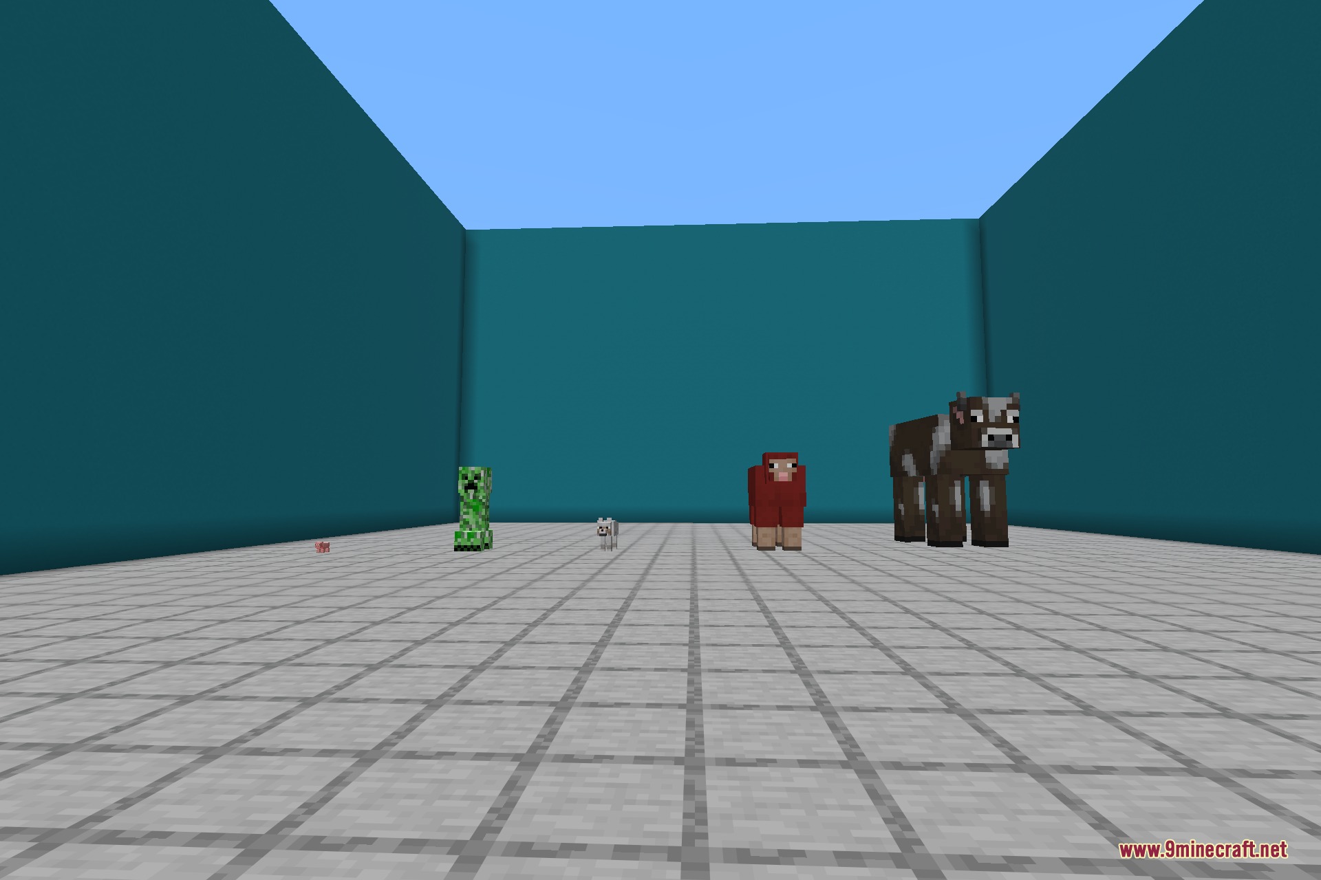 A mix of mobs each resized to a different scale in Pehkui 9minecraft Mod