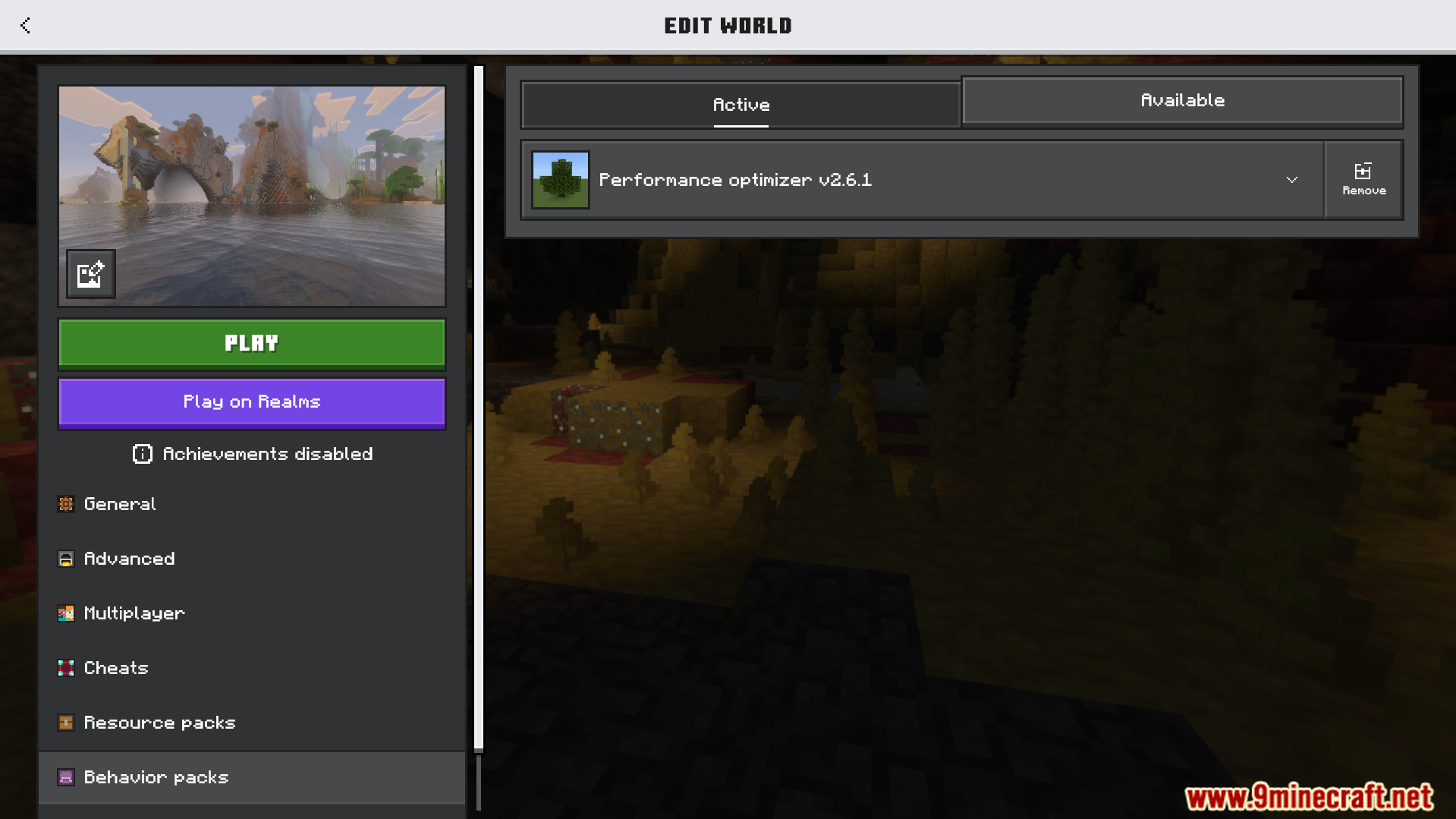 Minecraft edit world screen with the Performance Optimizer addon active